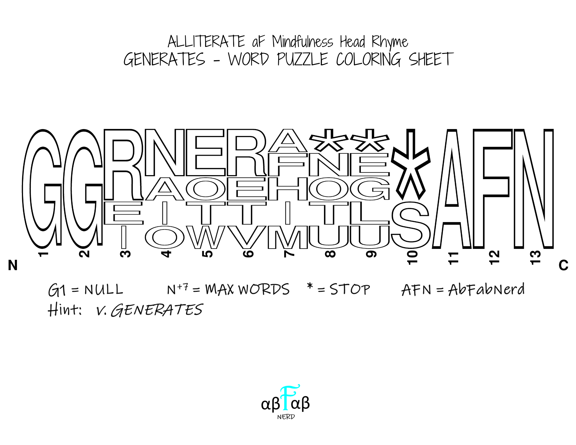 GENERATES Alliteration WORD PUZZLE Coloring Sheet Daily Affirmations Digital Download Mental Health Mindfulness Printable PDF
