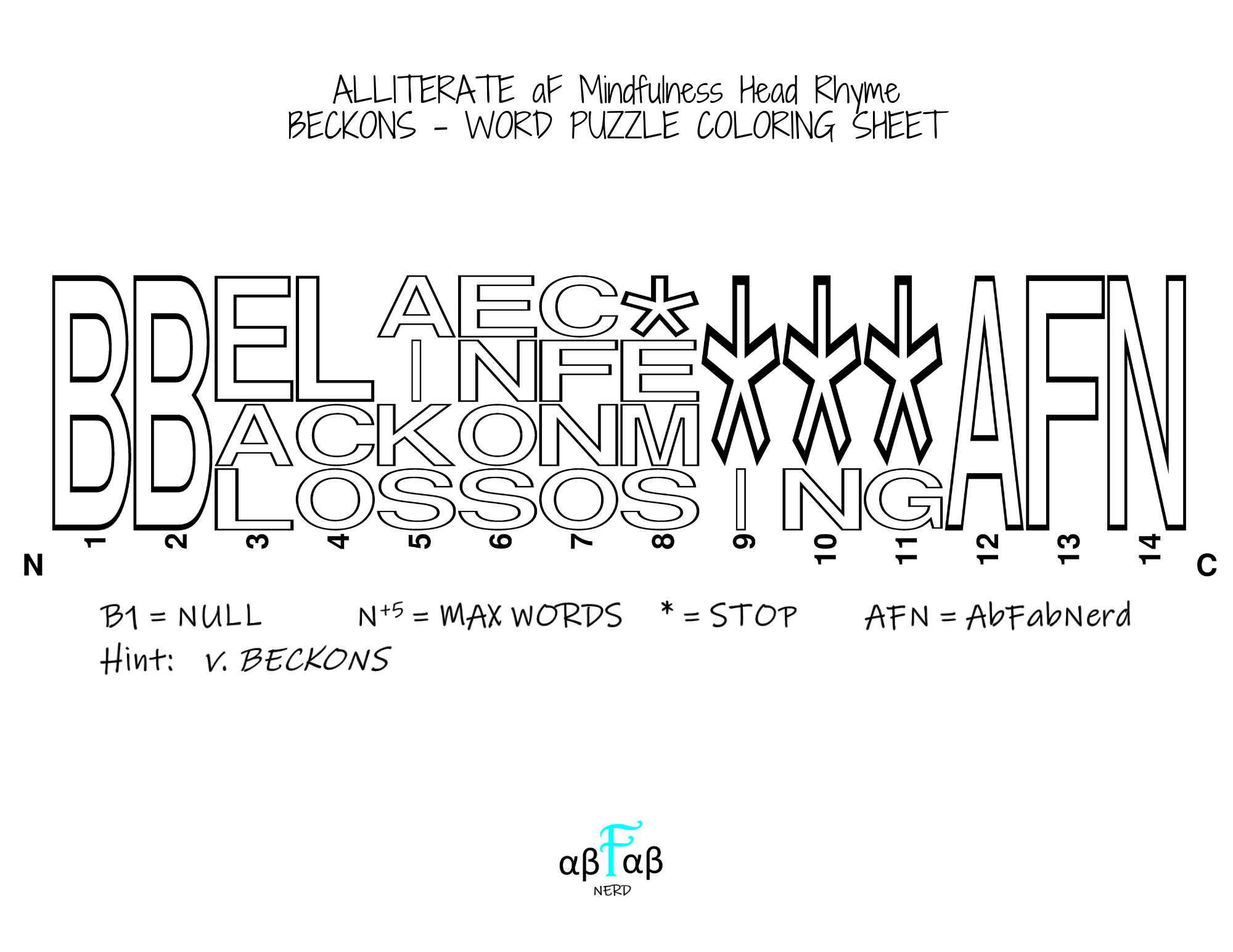 BECKONS Alliteration WORD PUZZLE Coloring Sheet Daily Affirmations Digital Download Mental Health Mindfulness Printable PDF
