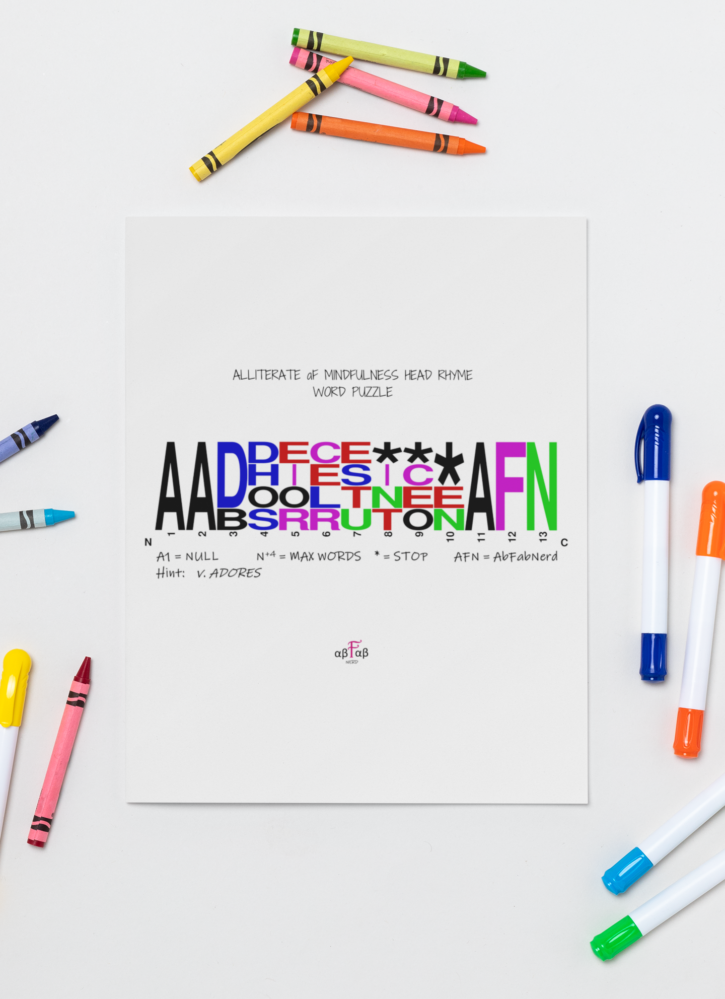 Colorful Crayons and Markers Surrounding a Word Puzzle Sheet with Cursive and Block Letters, titled 'ALLITERATE aF MINDFULNESS HEAD RHYME WORD PUZZLE' with additional instructions and a small logo at the bottom.