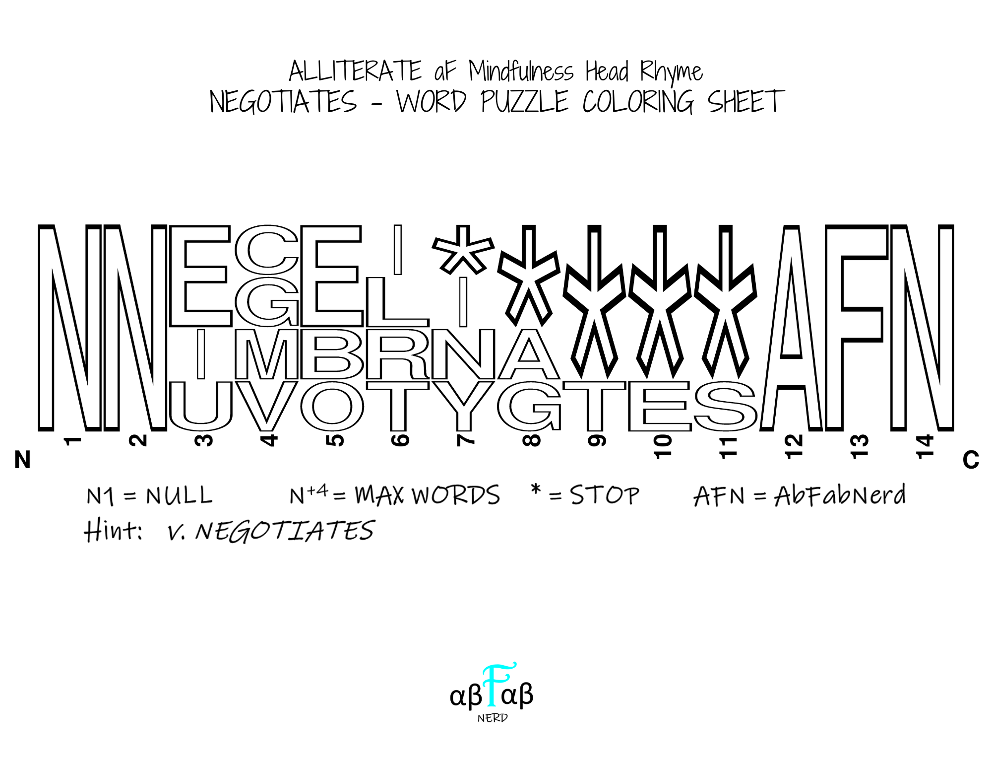 NEGOTIATES Alliteration WORD PUZZLE Coloring Sheet Daily Affirmations Digital Download Mental Health Mindfulness Printable PDF