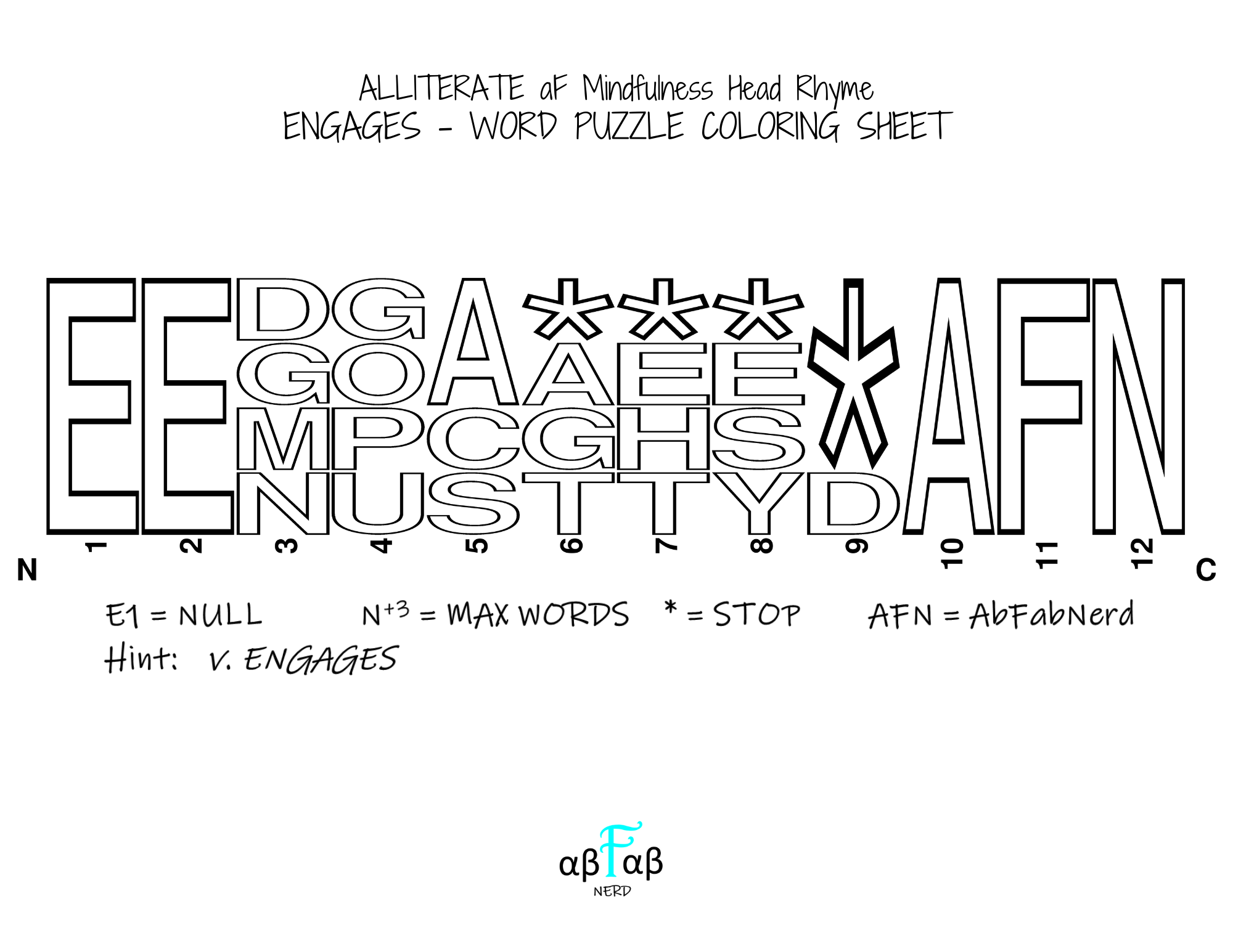 ENGAGES Alliteration WORD PUZZLE Coloring Sheet Daily Affirmations Digital Download Mental Health Mindfulness Printable PDF