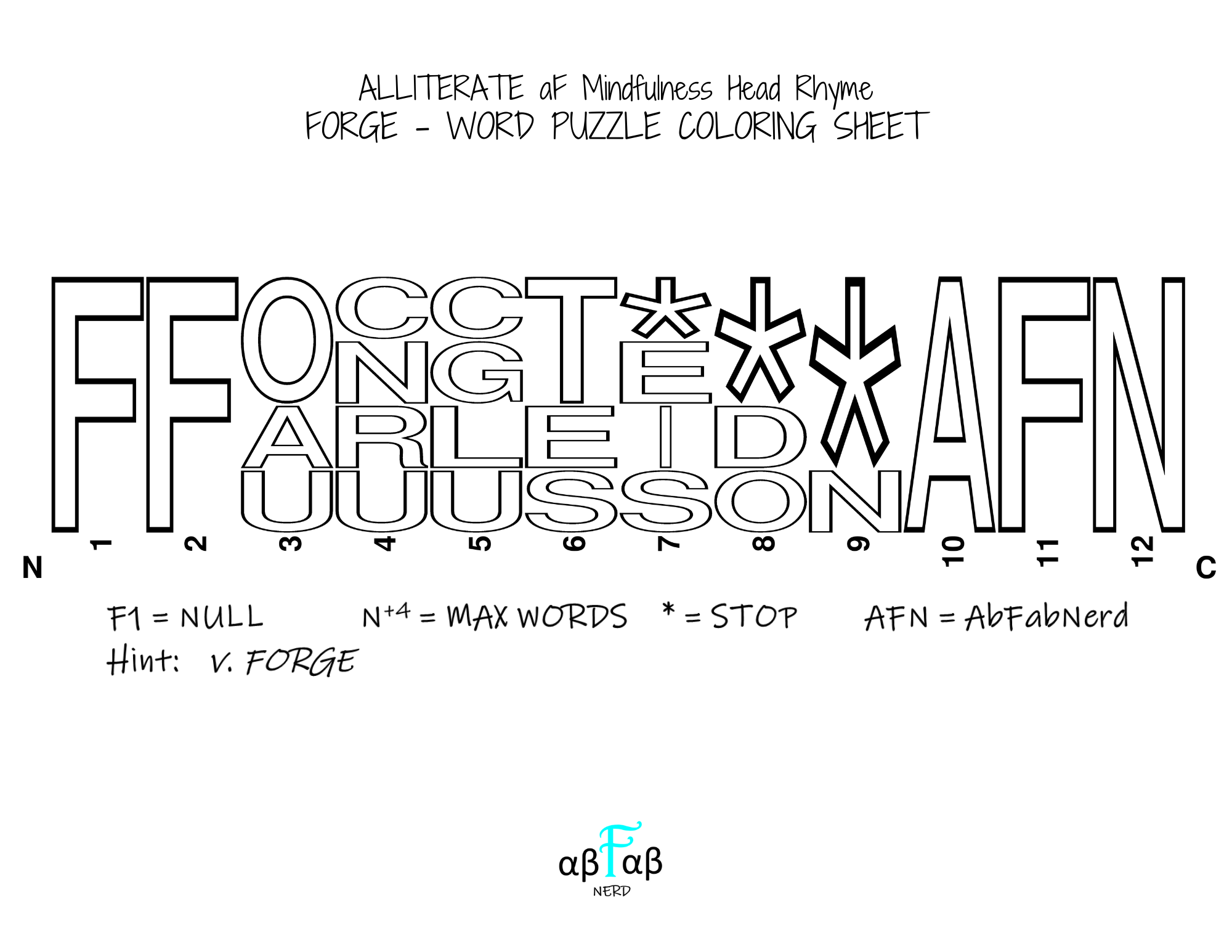 FORGE Alliteration WORD PUZZLE Coloring Sheet Daily Affirmations Digital Download Mental Health Mindfulness Printable PDF