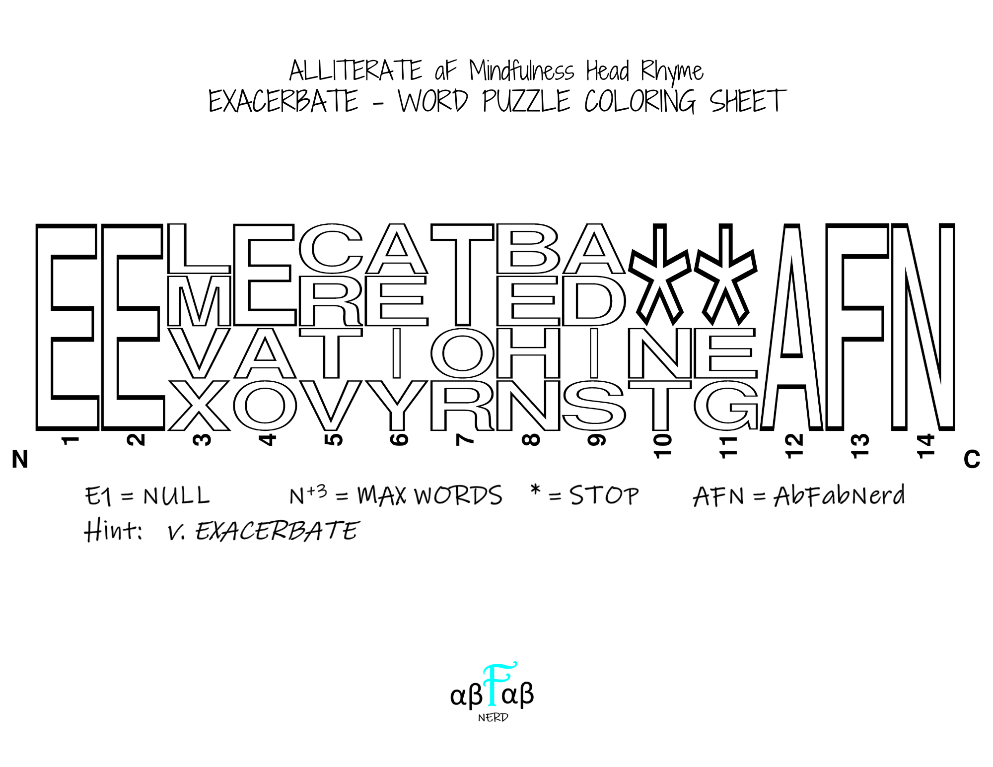 EXACERBATE Alliteration WORD PUZZLE Coloring Sheet Daily Affirmations Digital Download Mental Health Mindfulness Printable PDF