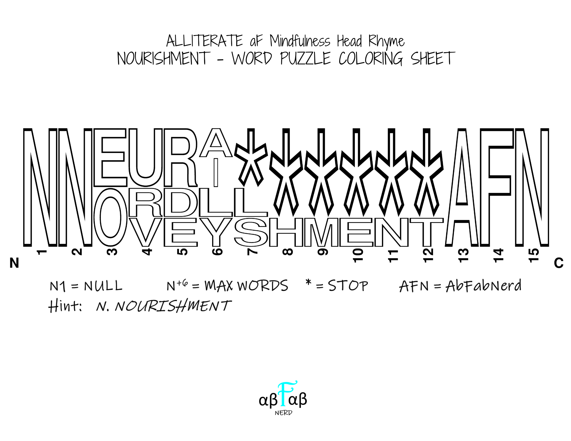 NOURISHMENT Alliteration WORD PUZZLE Coloring Sheet Daily Affirmations Digital Download Mental Health Mindfulness Printable PDF