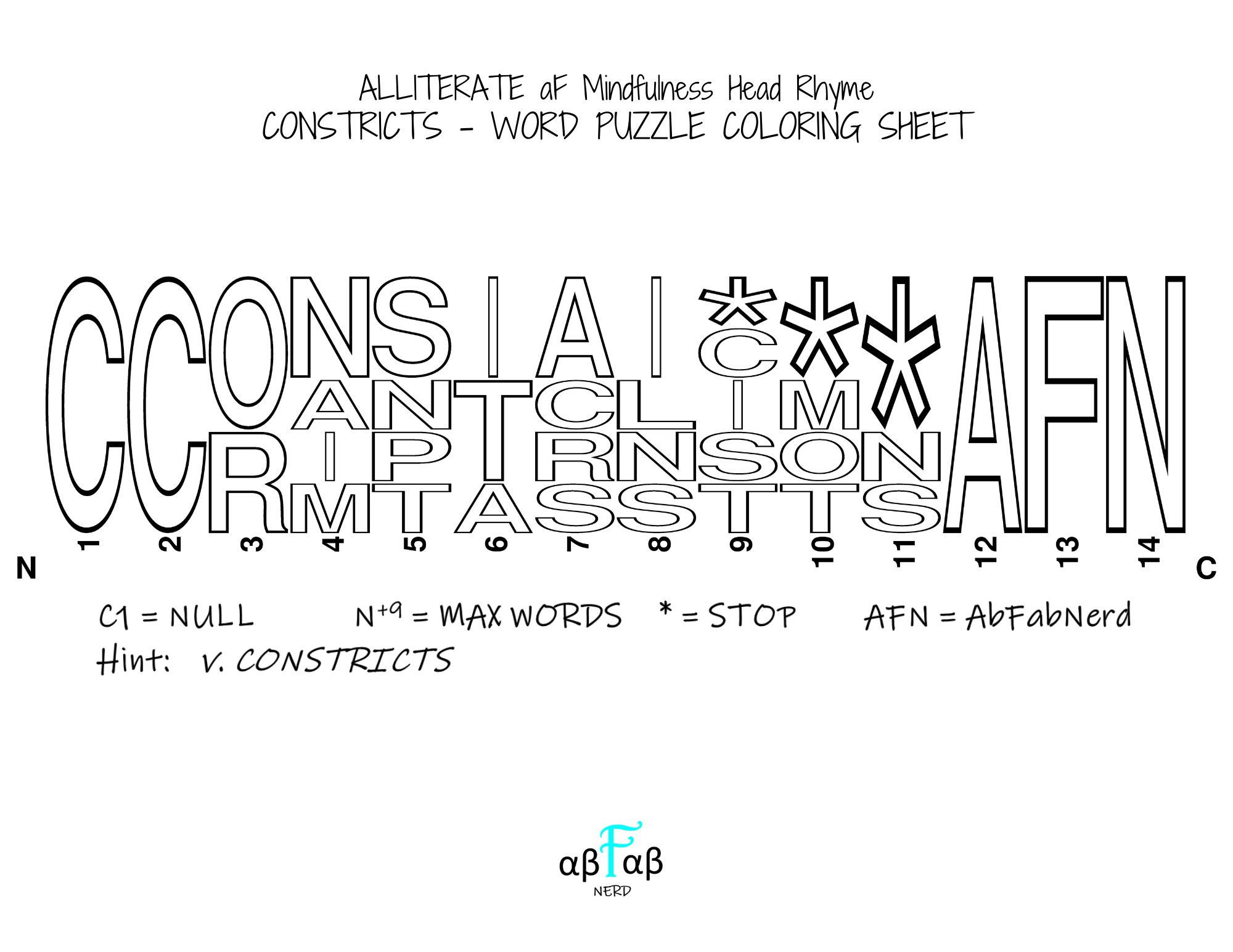 CONSTRICTS Alliteration WORD PUZZLE Coloring Sheet Daily Affirmations Digital Download Mental Health Mindfulness Printable PDF