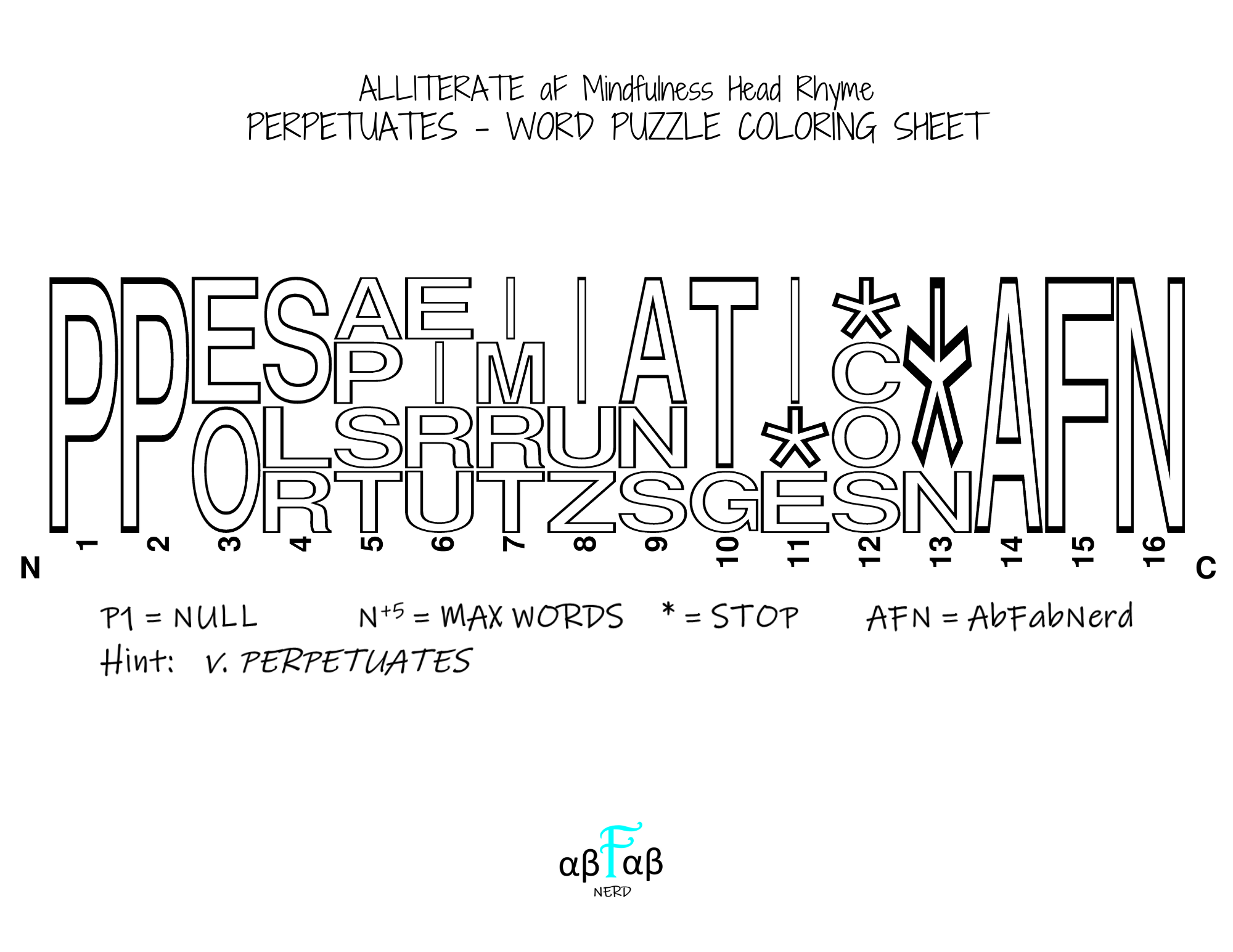 PERPETUATES Alliteration WORD PUZZLE Coloring Sheet Daily Affirmations Digital Download Mental Health Mindfulness Printable PDF