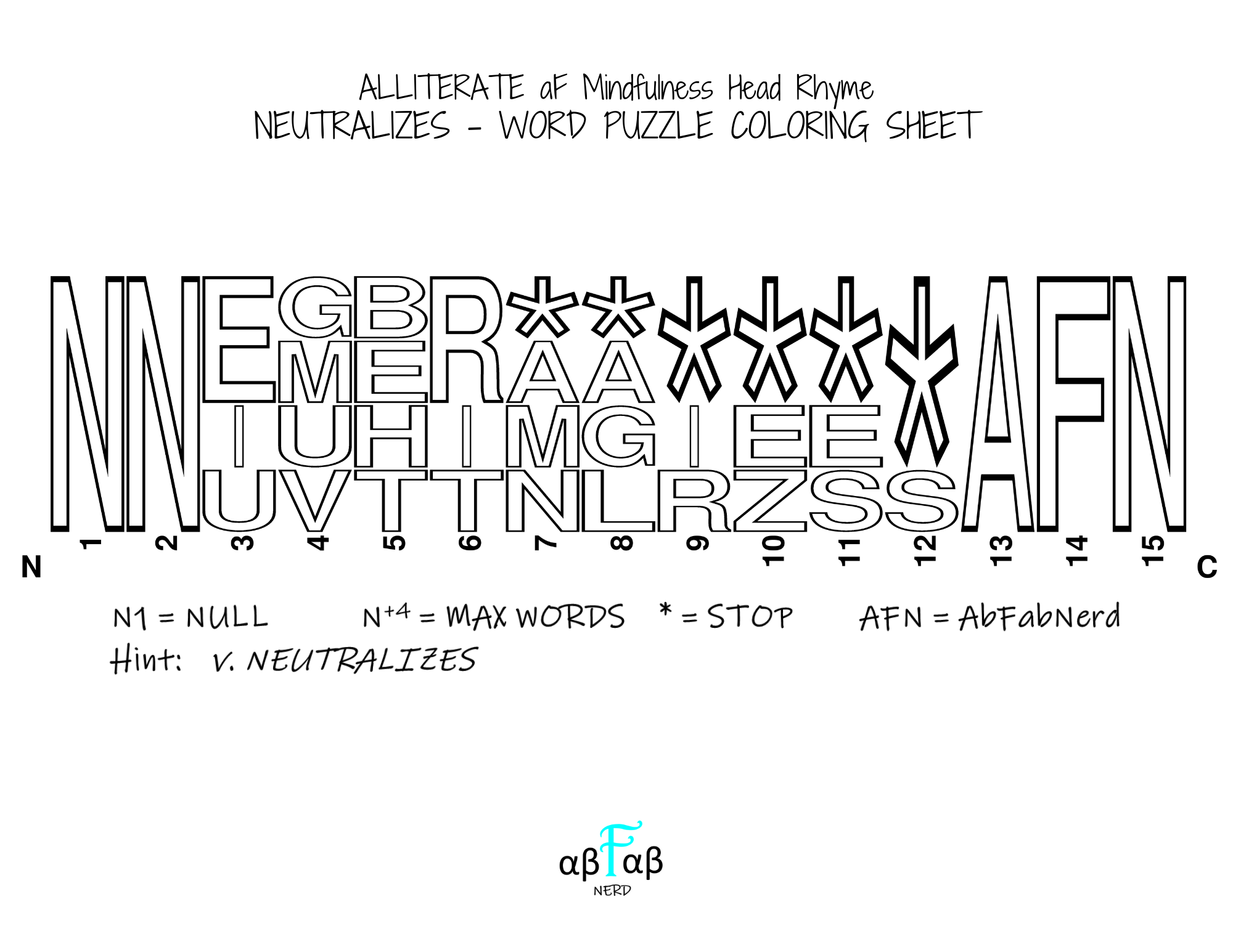 NEUTRALIZES Alliteration WORD PUZZLE Coloring Sheet Daily Affirmations Digital Download Mental Health Mindfulness Printable PDF