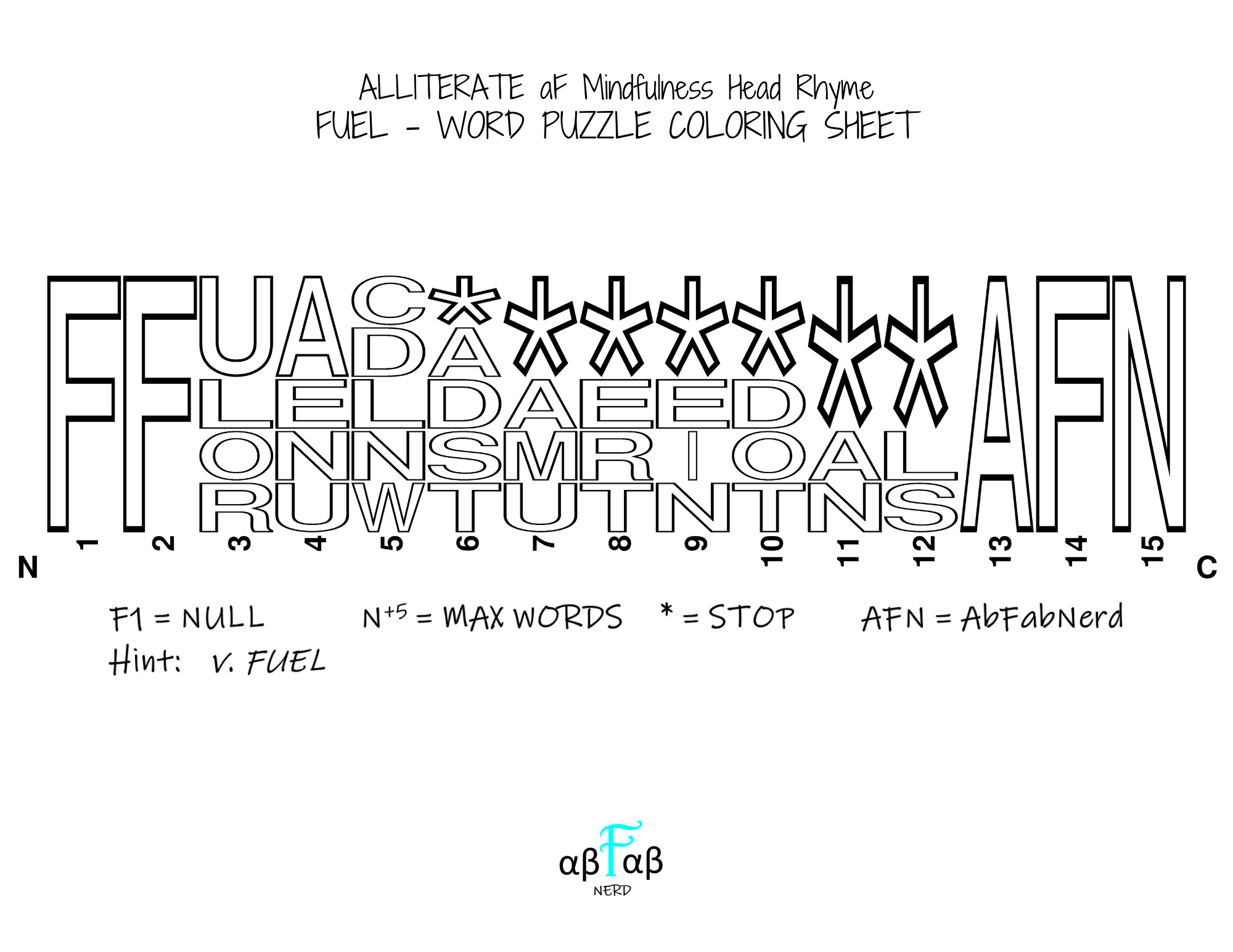 FUEL Alliteration WORD PUZZLE Coloring Sheet Daily Affirmations Digital Download Mental Health Mindfulness Printable PDF