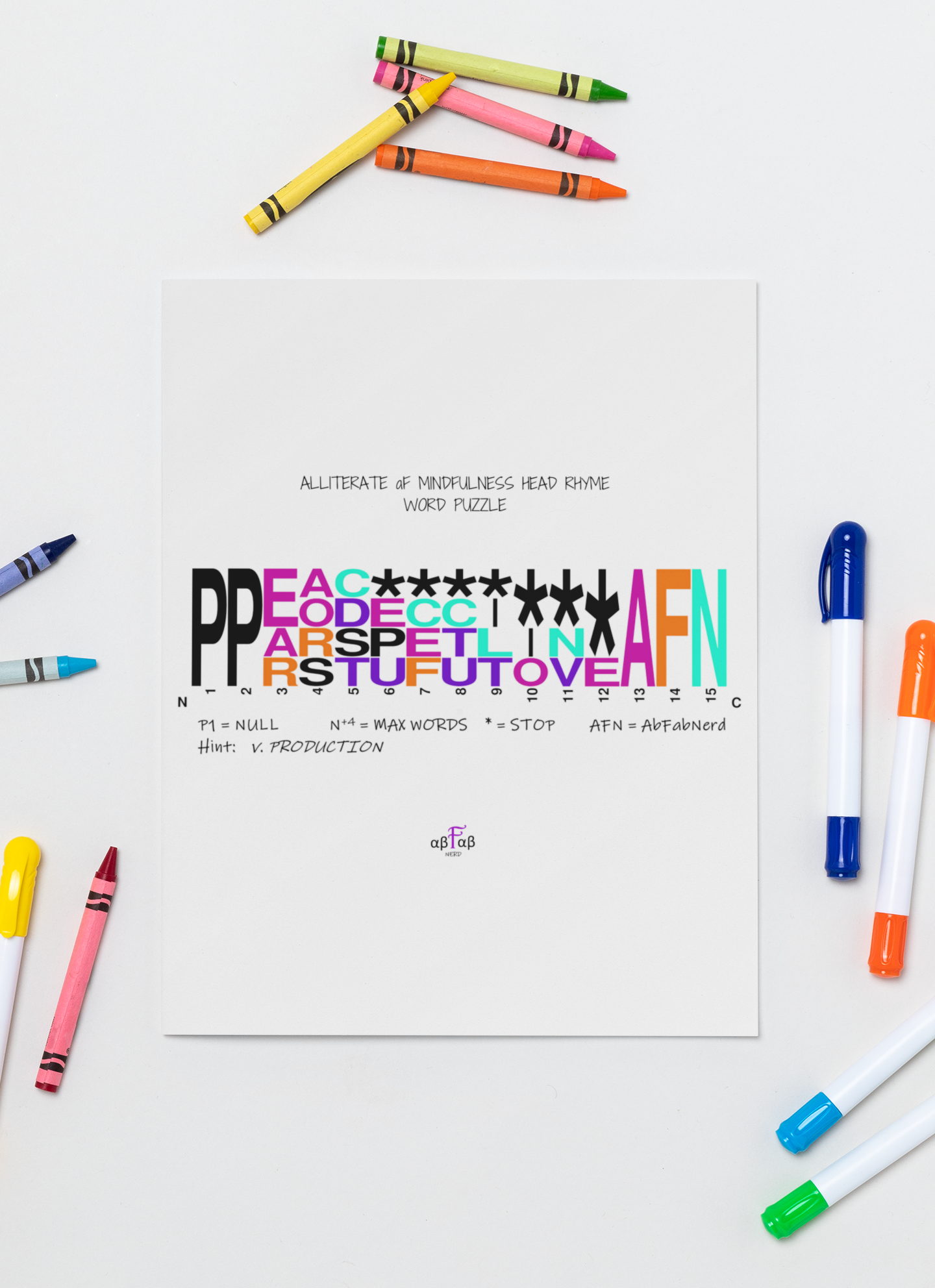 Colorful school supplies surrounding a printed word puzzle sheet titled 'ALLITERATE aF MINDFULNESS HEAD RHYME WORD PUZZLE' with various letters and symbols used in the puzzle.