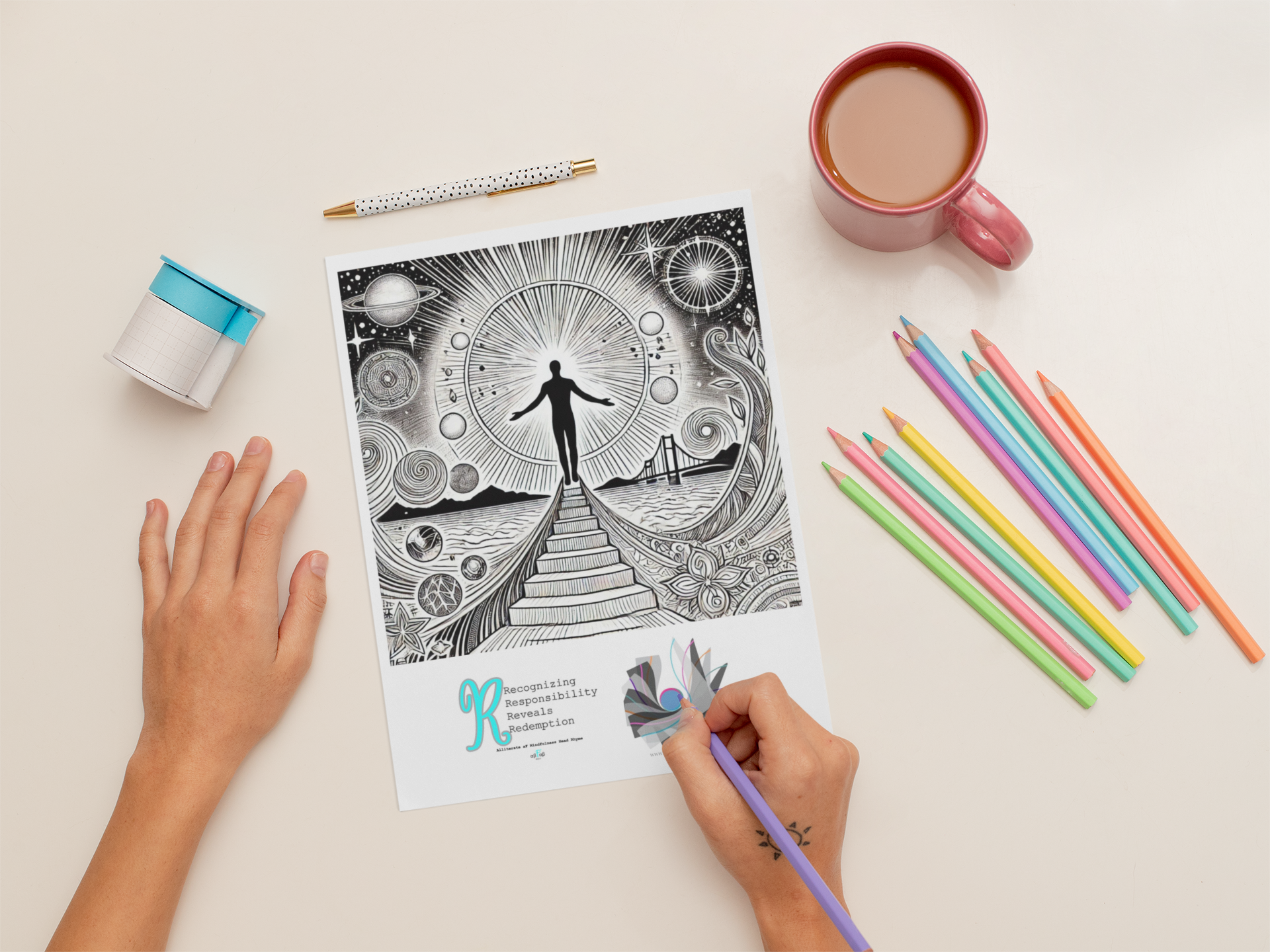 Person coloring a black and white illustration with cosmic and spiritual themes, surrounded by colorful pens and markers, on a white table with a pink mug of tea, a closed roll of labels, and a decorative pen.