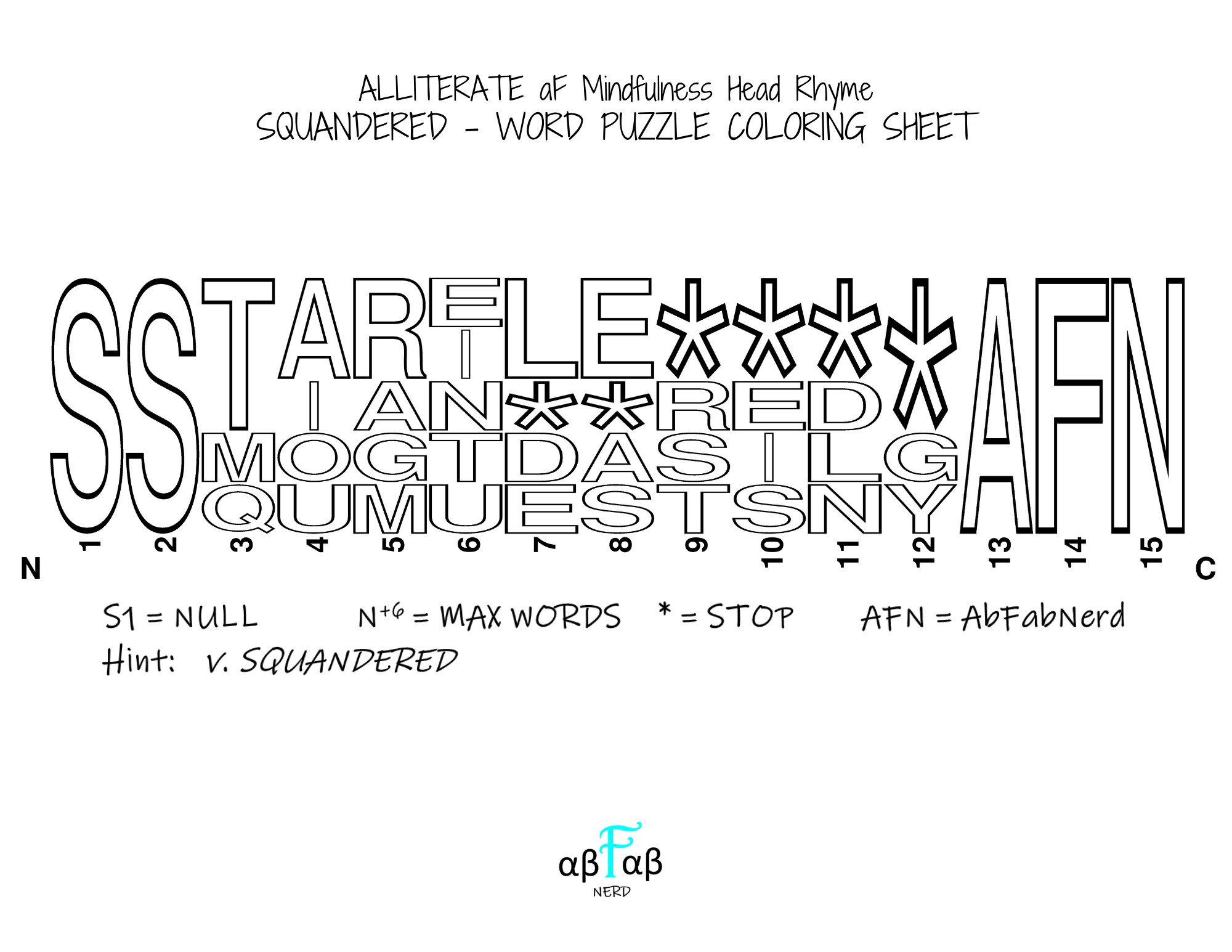 SQUANDERED Alliteration WORD PUZZLE Coloring Sheet Daily Affirmations Digital Download Mental Health Mindfulness Printable PDF