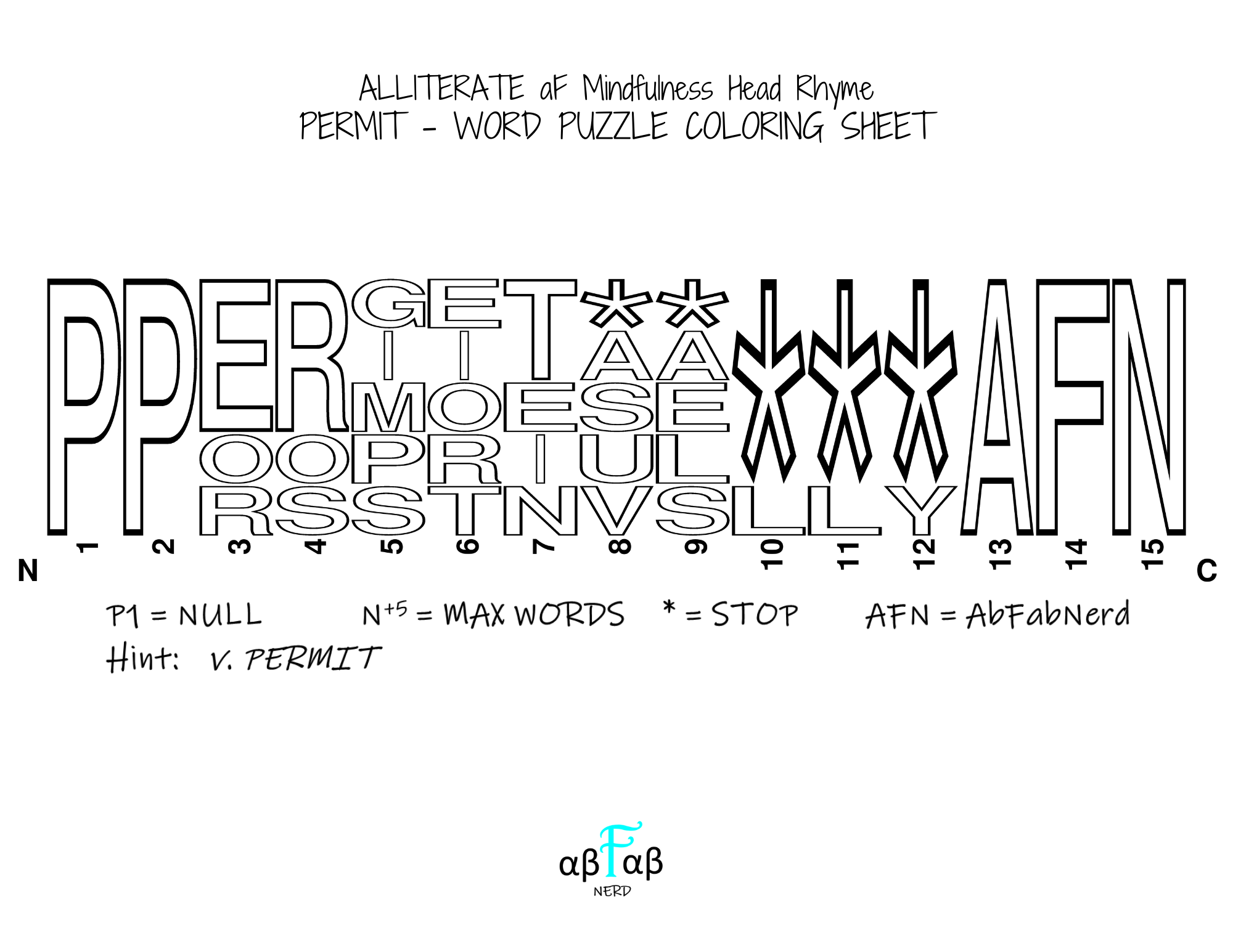 PERMIT Alliteration WORD PUZZLE Coloring Sheet Daily Affirmations Digital Download Mental Health Mindfulness Printable PDF