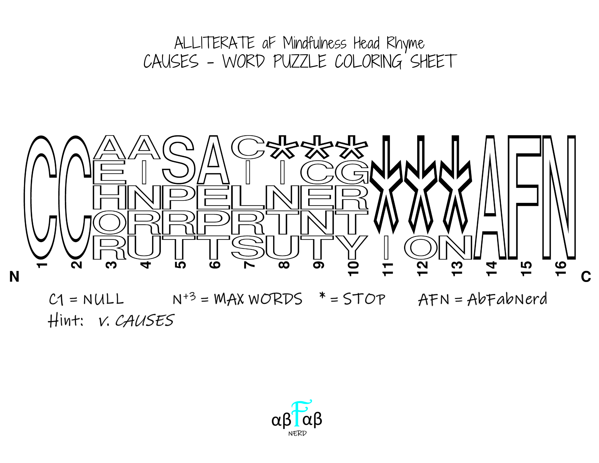 CAUSES Alliteration WORD PUZZLE Coloring Sheet Daily Affirmations Digital Download Mental Health Mindfulness Printable PDF