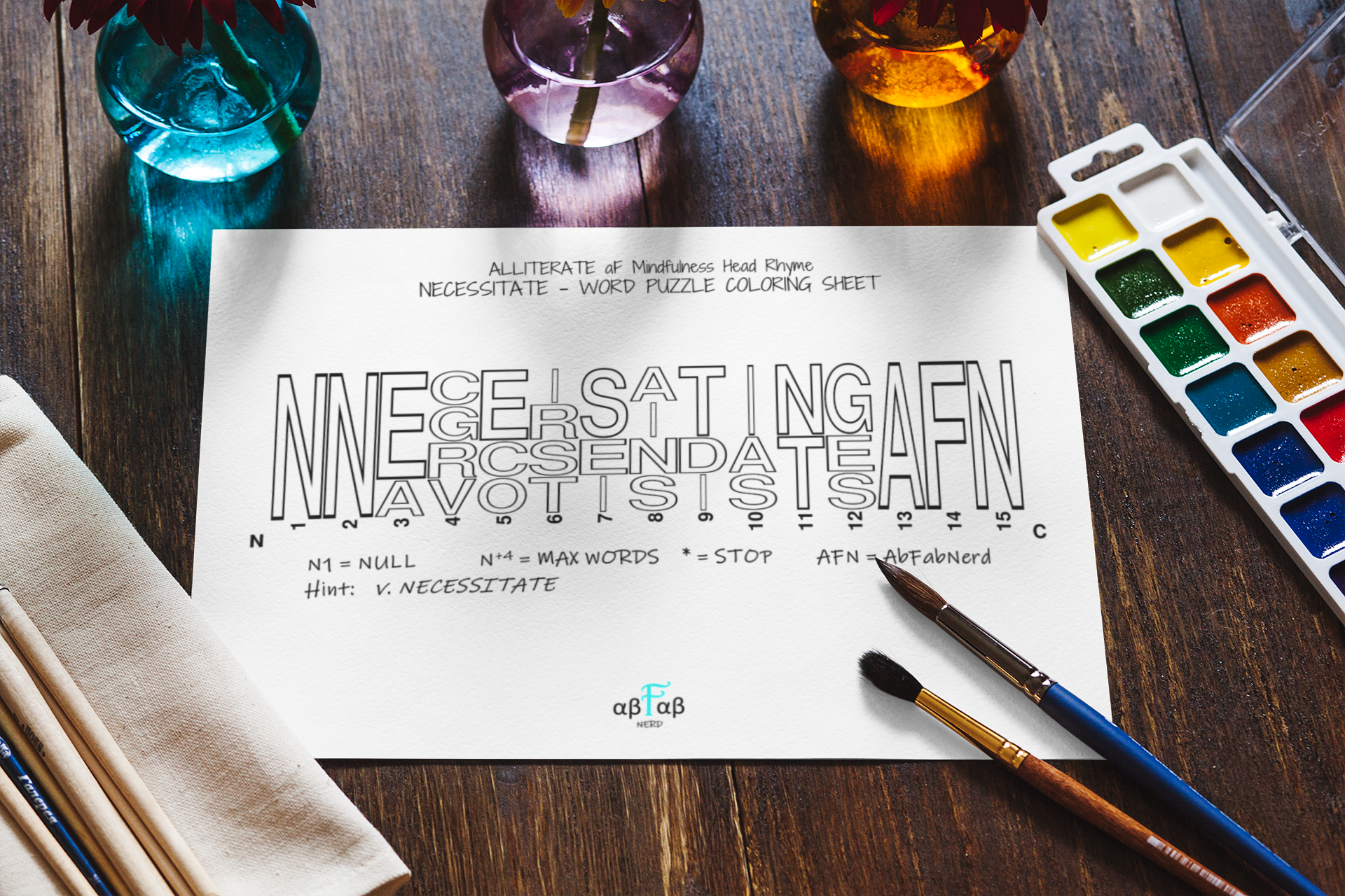 A word puzzle coloring sheet titled 'Alliterate aF Mindfulness Head Rhyme Necessitate - Word Puzzle Coloring Sheet' is surrounded by watercolor paints, paintbrushes, and glasses of water on a wooden table.