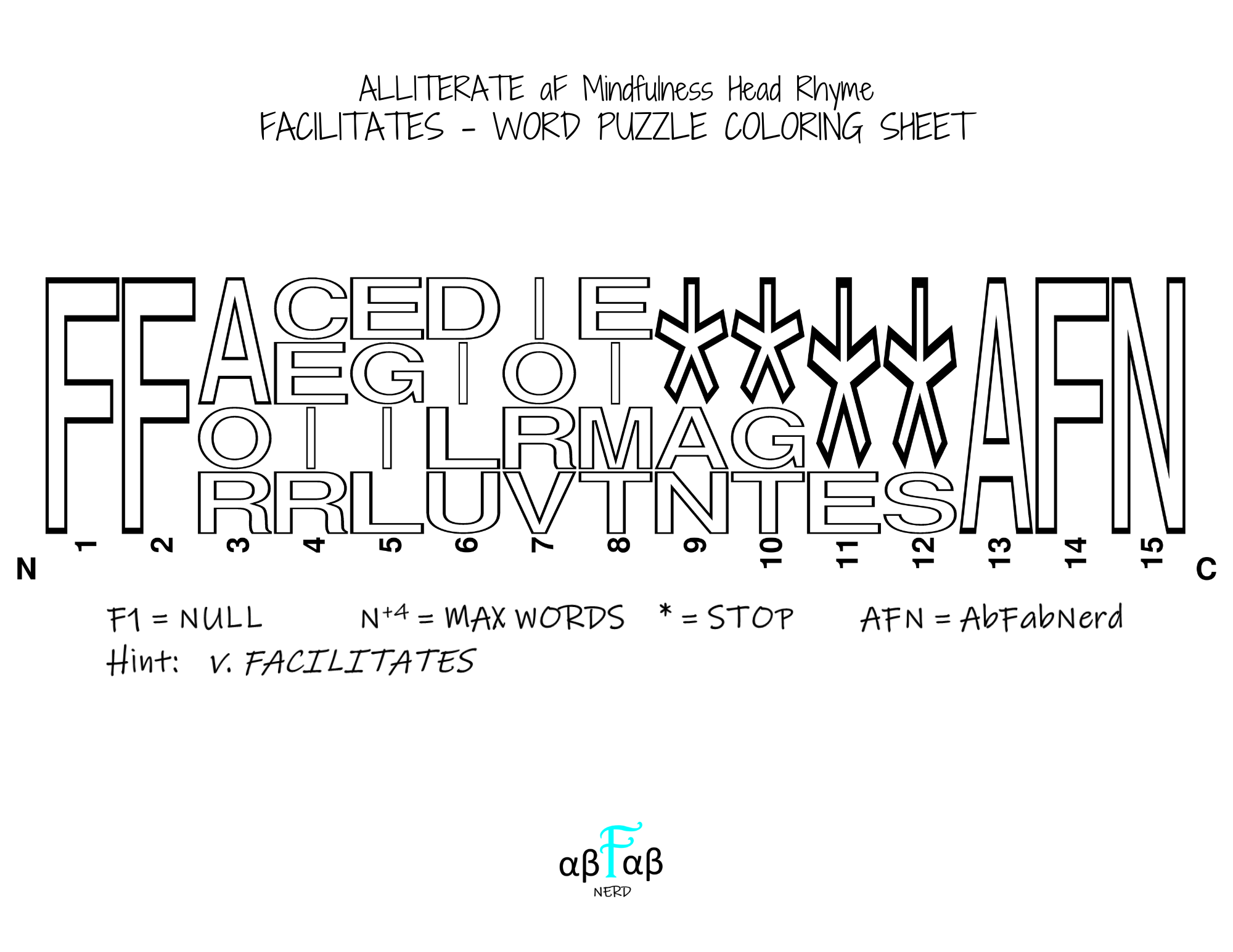 FACILITATES Alliteration WORD PUZZLE Coloring Sheet Daily Affirmations Digital Download Mental Health Mindfulness Printable PDF