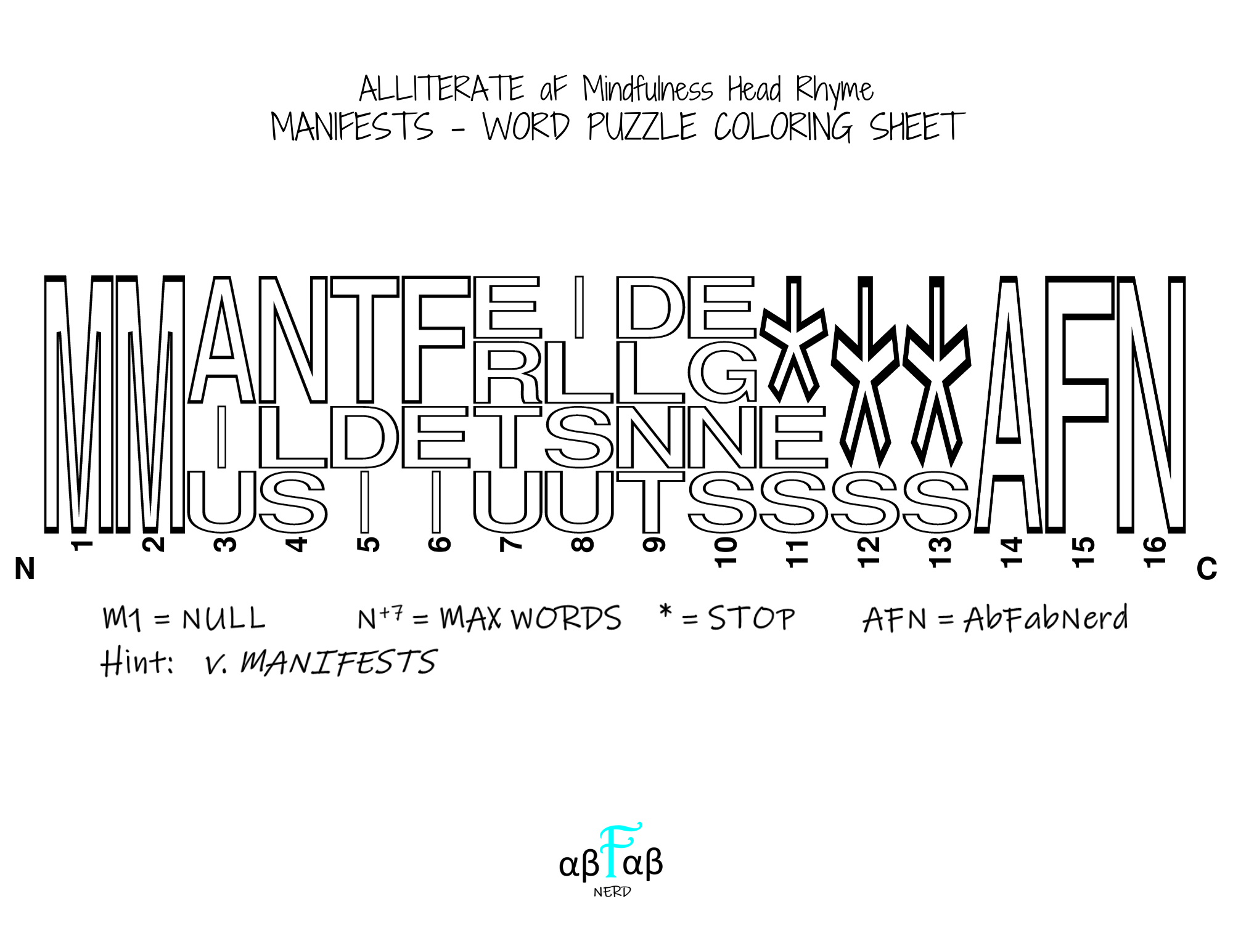 MANIFESTS Alliteration WORD PUZZLE Coloring Sheet Daily Affirmations Digital Download Mental Health Mindfulness Printable PDF