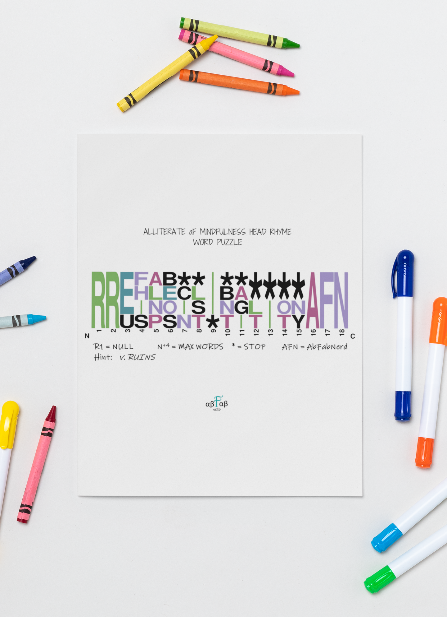A worksheet titled 'Alliterate aF Mindfulness Head Rhyme Word Puzzle' featuring a word puzzle with colored text and symbols, surrounded by colorful pens and markers on a white surface.