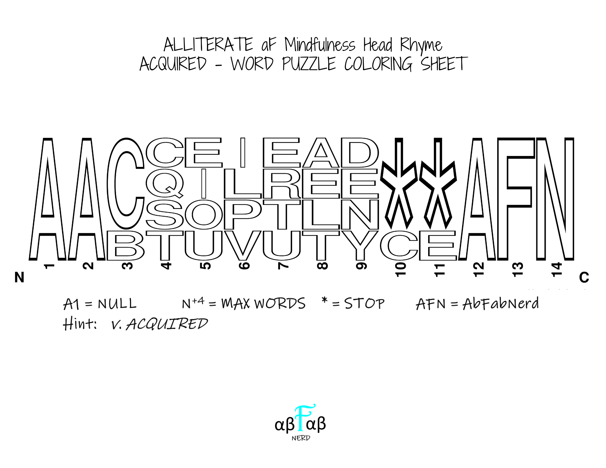 ACQUIRED Alliteration WORD PUZZLE Coloring Sheet Daily Affirmations Digital Download Mental Health Mindfulness Printable PDF