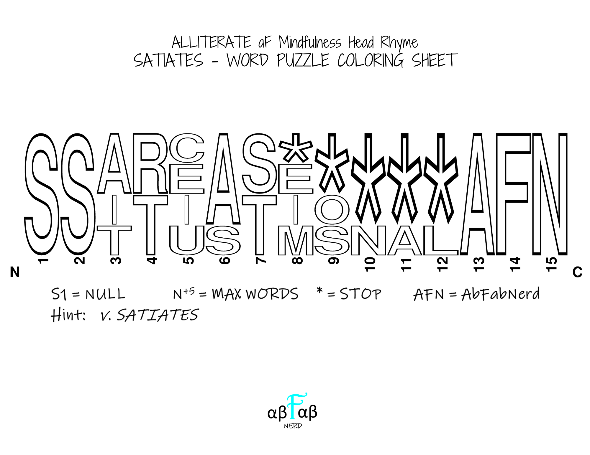 SATIATES Alliteration WORD PUZZLE Coloring Sheet Daily Affirmations Digital Download Mental Health Mindfulness Printable PDF