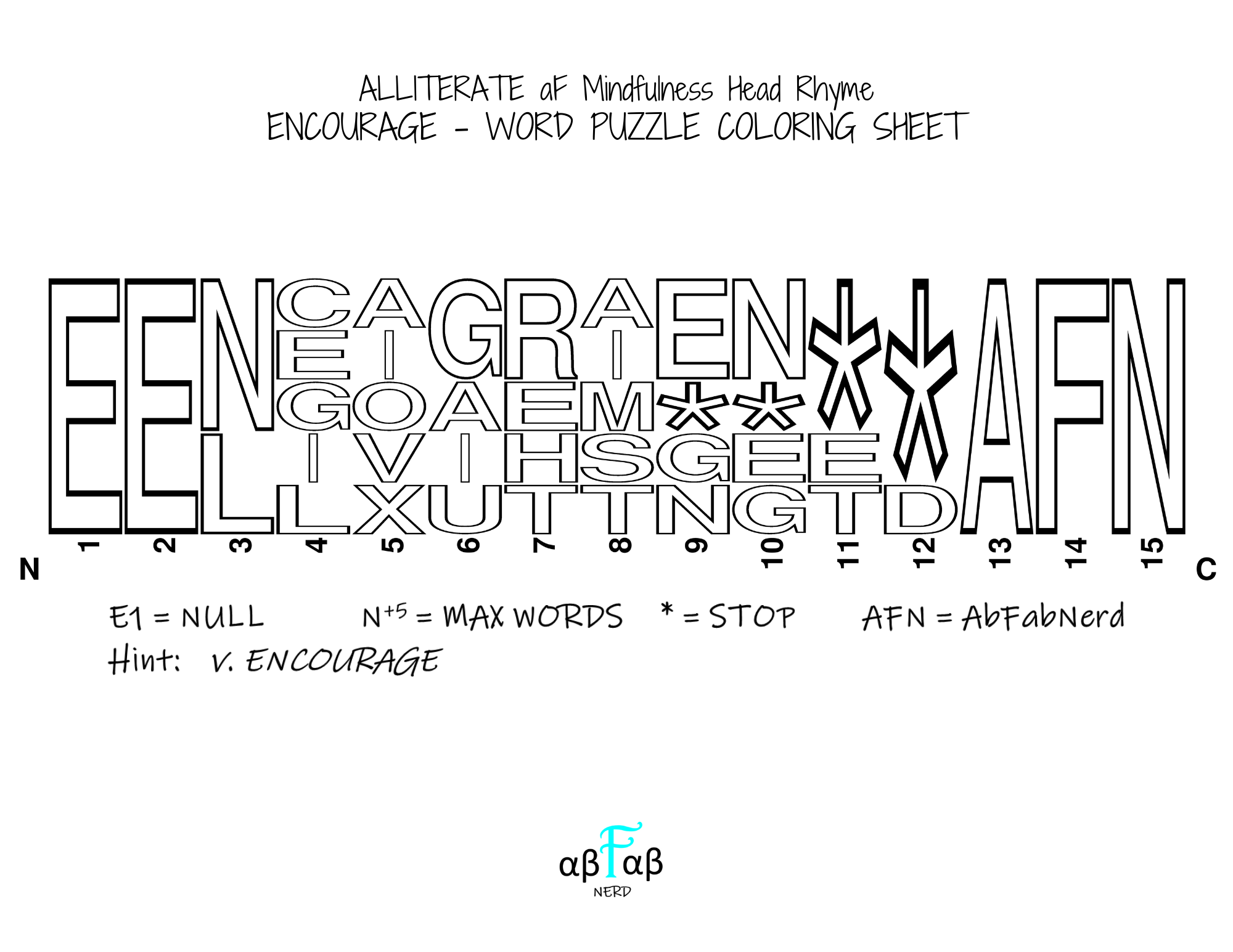 ENCOURAGE Alliteration WORD PUZZLE Coloring Sheet Daily Affirmations Digital Download Mental Health Mindfulness Printable PDF