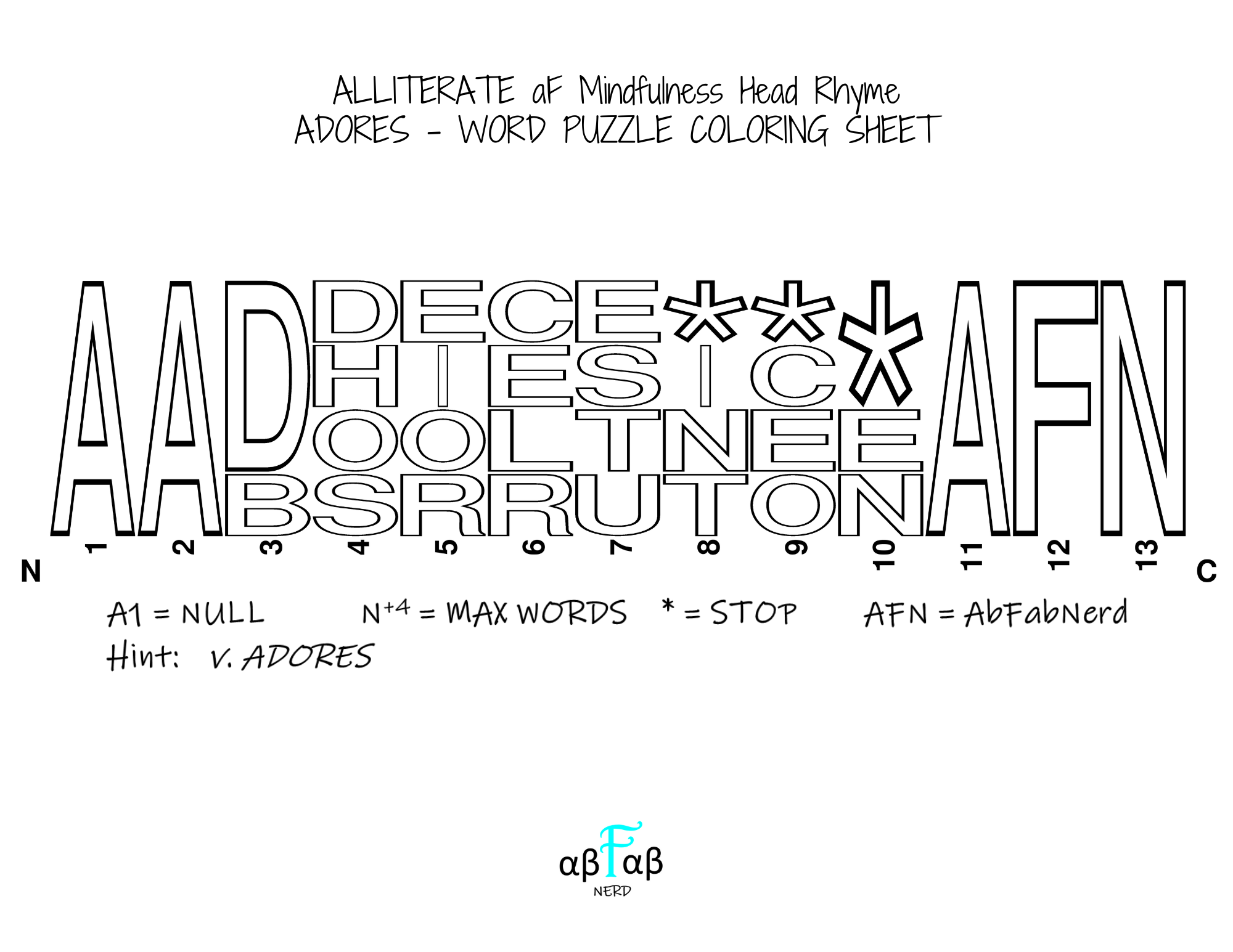 ADORES Alliteration WORD PUZZLE Coloring Sheet Daily Affirmations Digital Download Mental Health Mindfulness Printable PDF