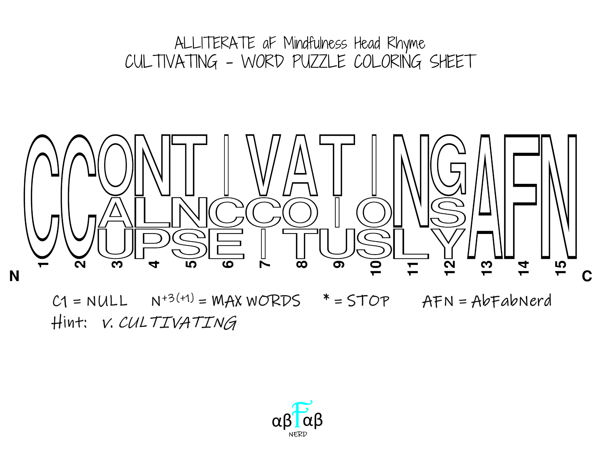 CULTIVATING Alliteration WORD PUZZLE Coloring Sheet Daily Affirmations Digital Download Mental Health Mindfulness Printable PDF