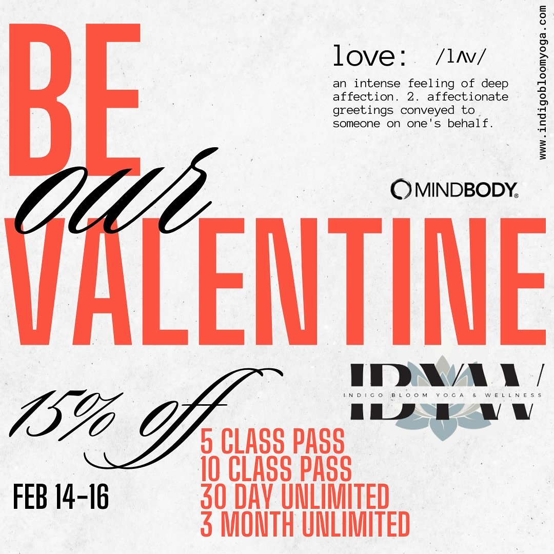 💕Be Our Valentine! 💕
&bull;
This Valentine&rsquo;s Day, we&rsquo;re sharing the love with 15% off our: 
🧘&zwj;♀️ 5-Class Pass 
🧘&zwj;♂️ 10-Class Pass 
💖 30-Day Unlimited 
💞 3-Month Unlimited 
&bull;
Give yourself (or someone special) the gift o
