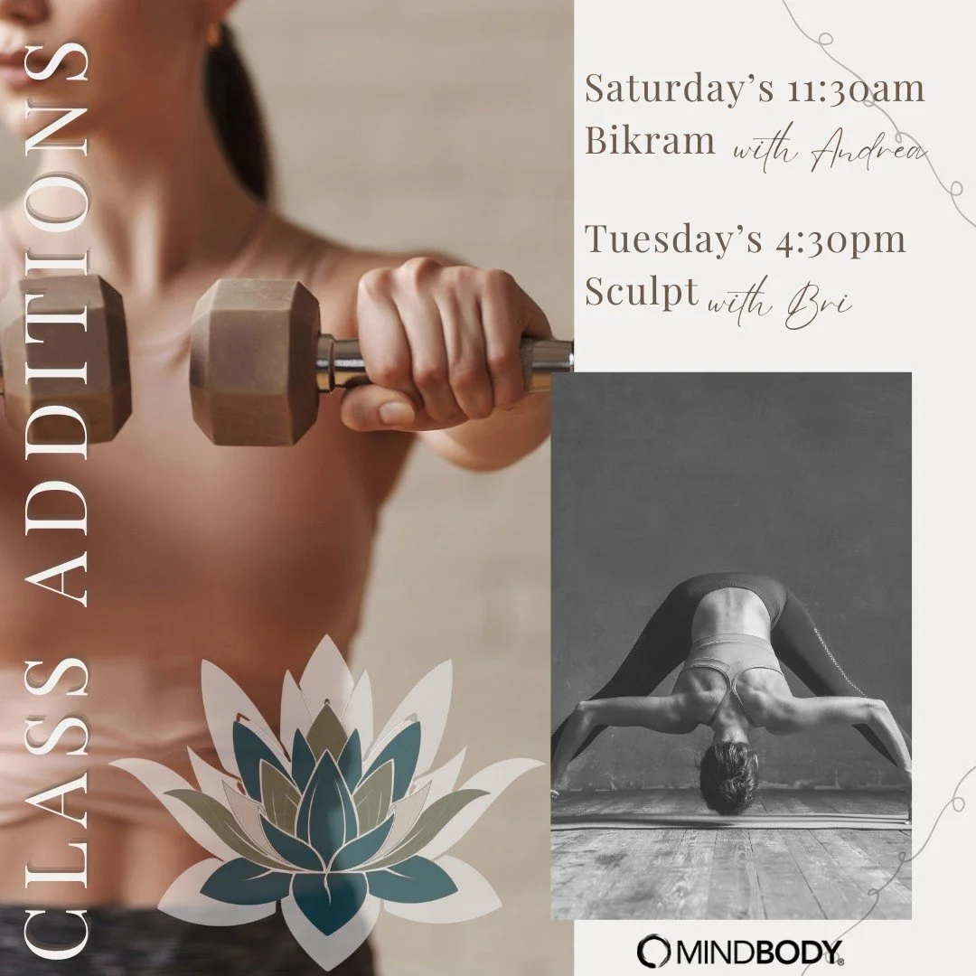 ✨ New Classes Added! ✨
&bull;
We&rsquo;re excited to bring even more ways to flow with us:
🧘&zwj;♀️ Bikram with Andrea &ndash; Saturdays at 11:30am
🔥 Sculpt with Bri &ndash; Tuesdays at 4:30pm
&bull;
Sign up now on MINDBODY and join us in the hot r