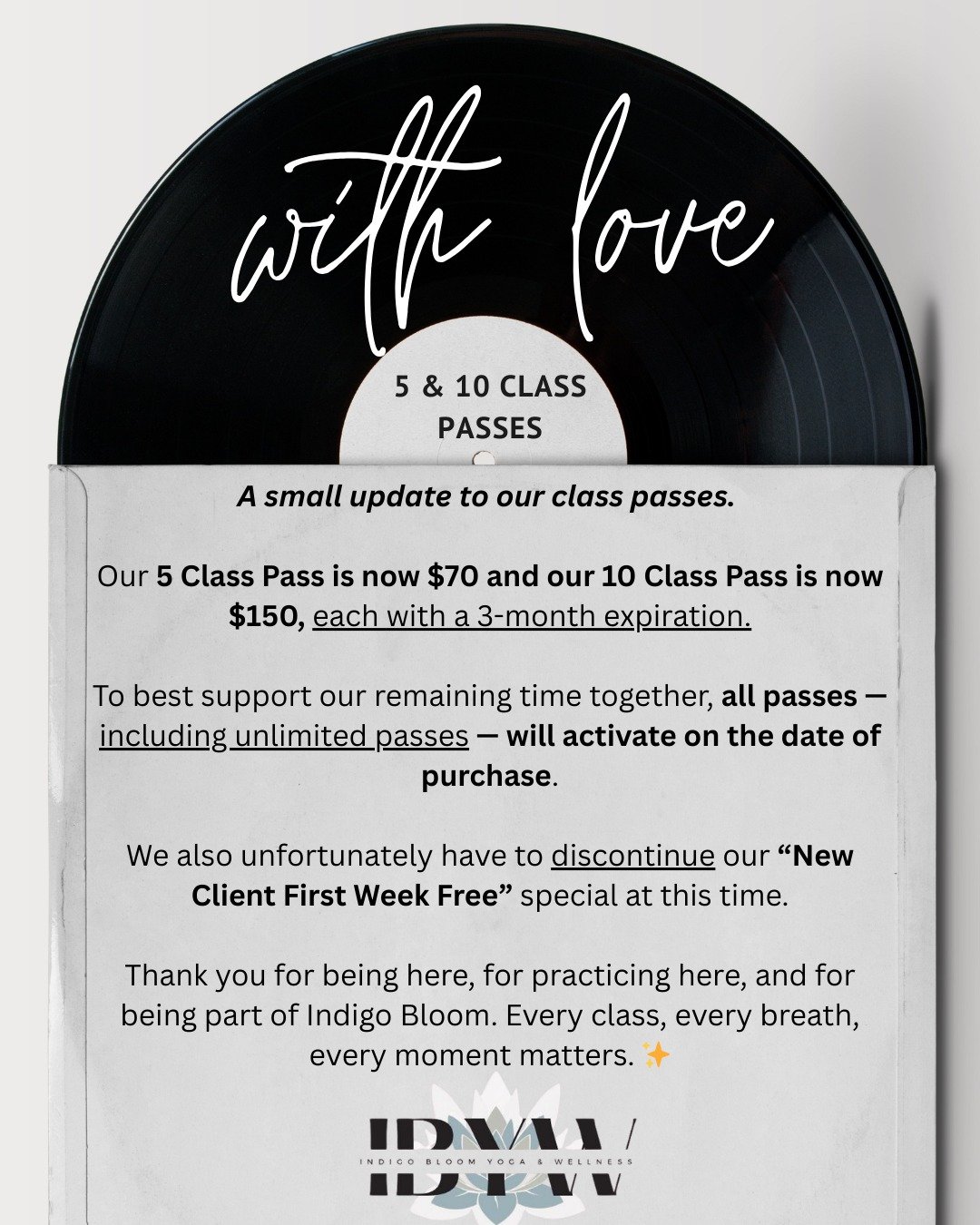A small update to our class passes.🫶

> Our 5 Class Pass is now $70 and our 10 Class Pass is now $150, each with a 3-month expiration.
> To best support our remaining time together, all passes - including unlimited passes - will activate on th