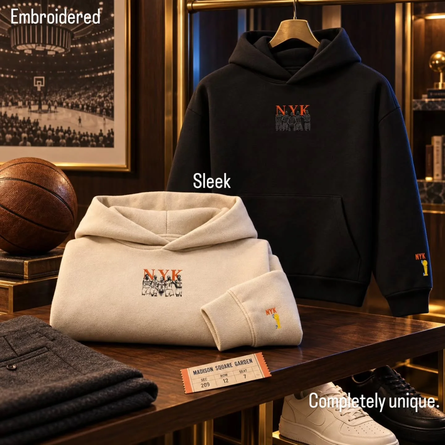 NYK Starting Five Embroidered Unisex sculpted heavyweight hoodie. This heavyweight hoodie combines dense brushed fleece with a double-layered hood and cotton ribbed finishes for a clean, structured everyday look.

80% organic combed ring-spun cotton,