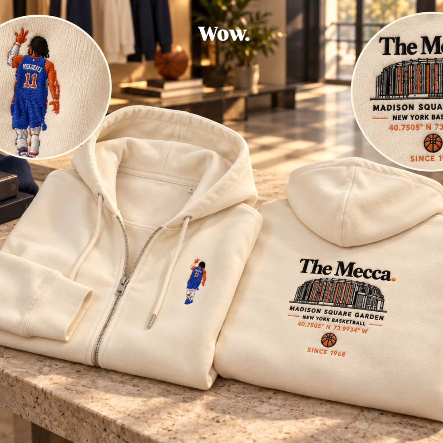 Just wow. 

 Brunson and The Mecca Embroidered Unisex heavyweight zip-up hoodie. 

A heavyweight layer made for everyday comfort. This zip-up hoodie combines soft brushed fleece with a medium fit, a double-layered hood, and ribbed finishes for an eas