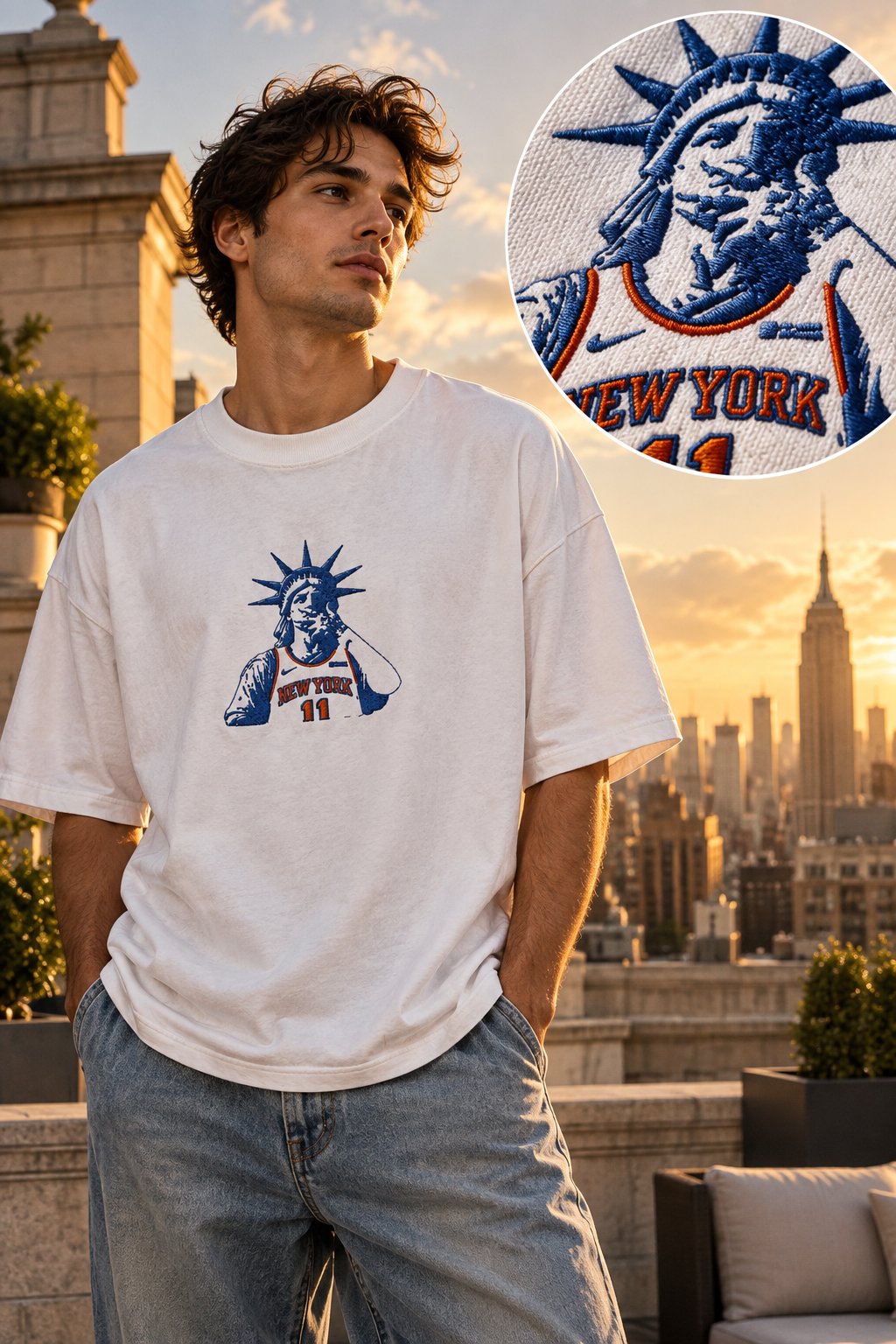 Liberty Embroidered Men's Oversized Faded T-Shirt