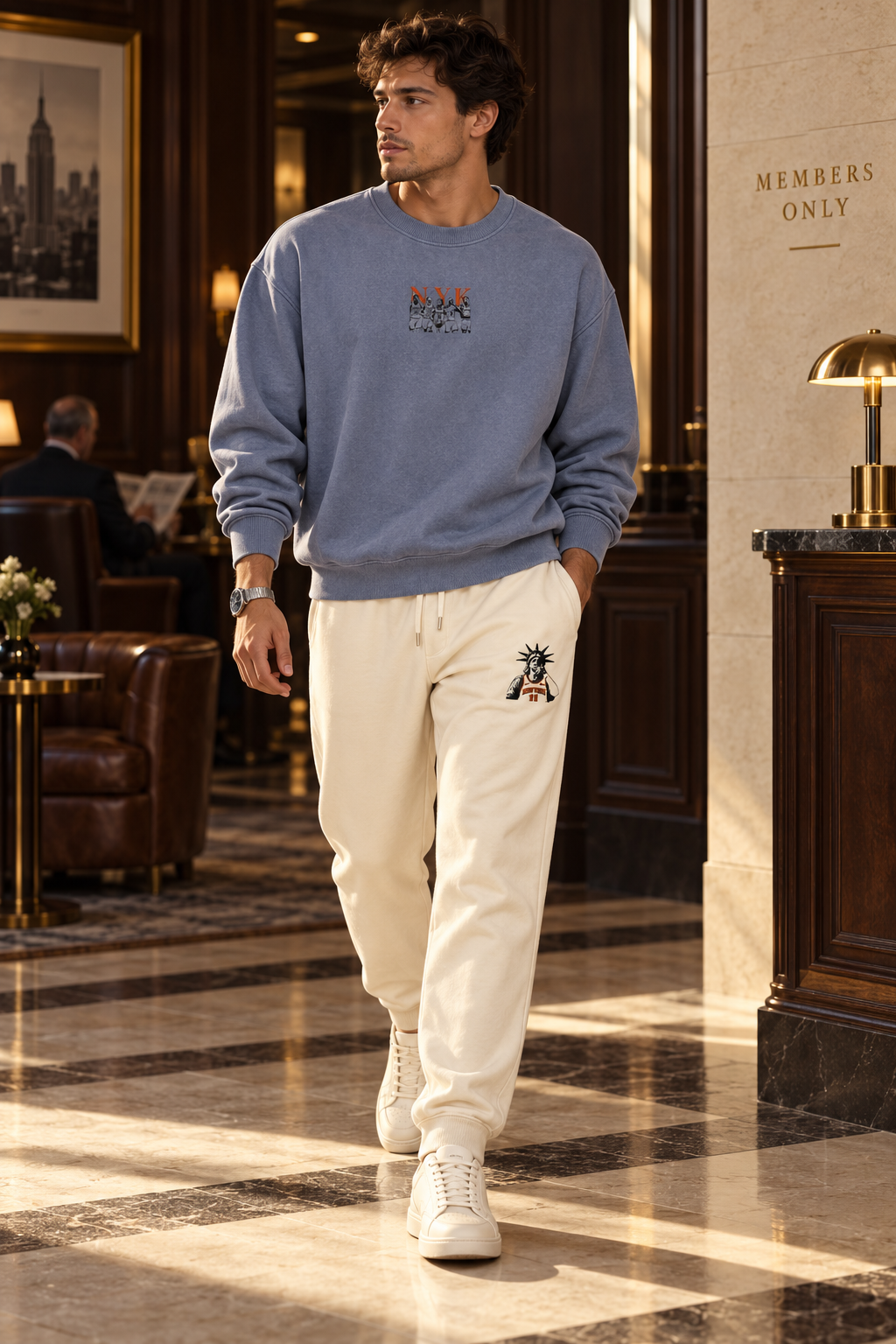Slate-blue crewneck with cream joggers in a private-club setting.png