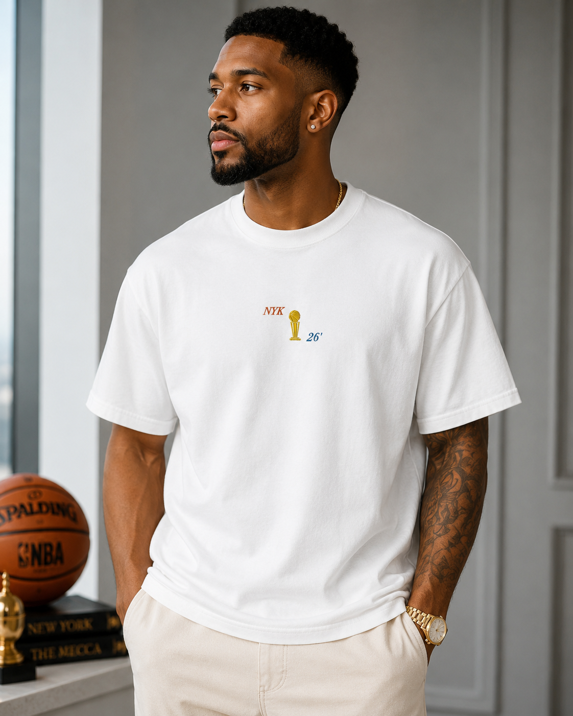 Knicks Embroidered NYK FINALS Trophy ' 26 Men's Premium Short Sleeve Tee in White Model.png