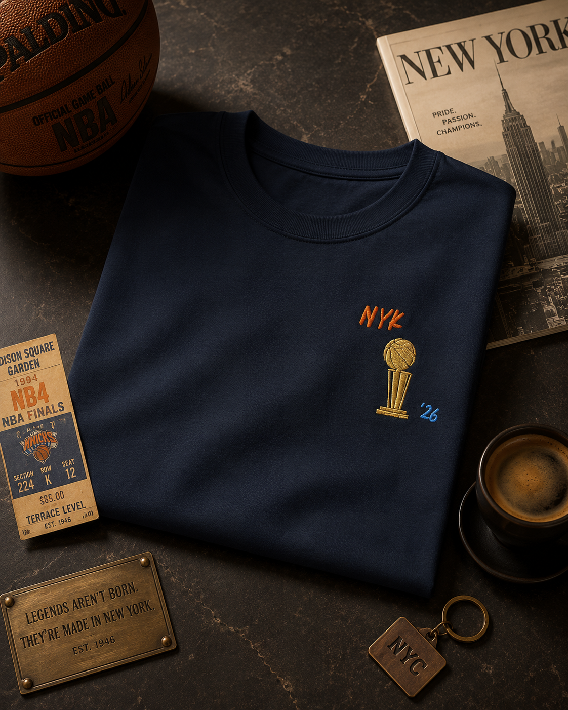 NYK Embroidered Unisex T Shirt Navy Folded.png