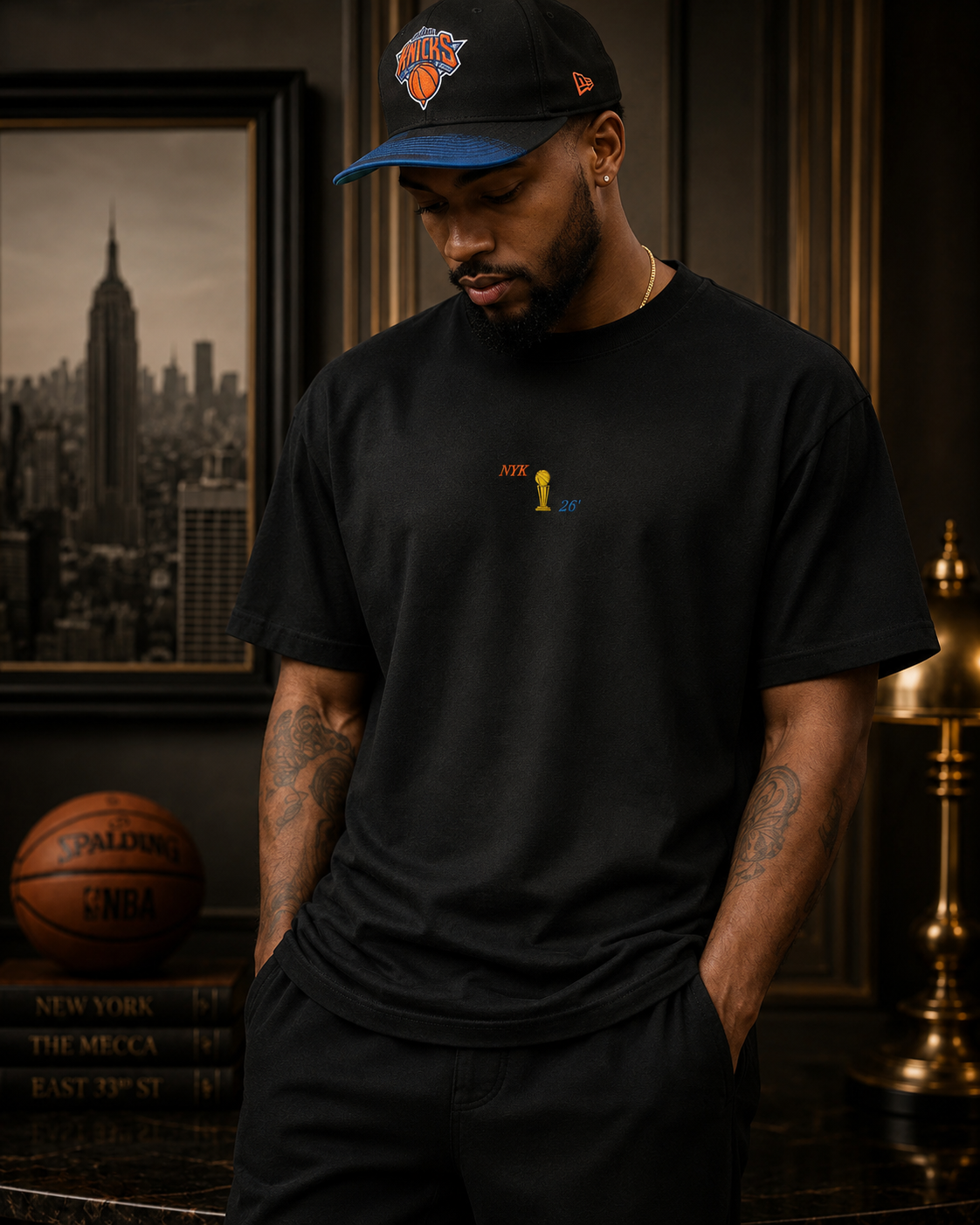 Knicks Embroidered NYK FINALS Trophy ' 26 Men's Premium Short Sleeve Tee Model Wearing in Black.png