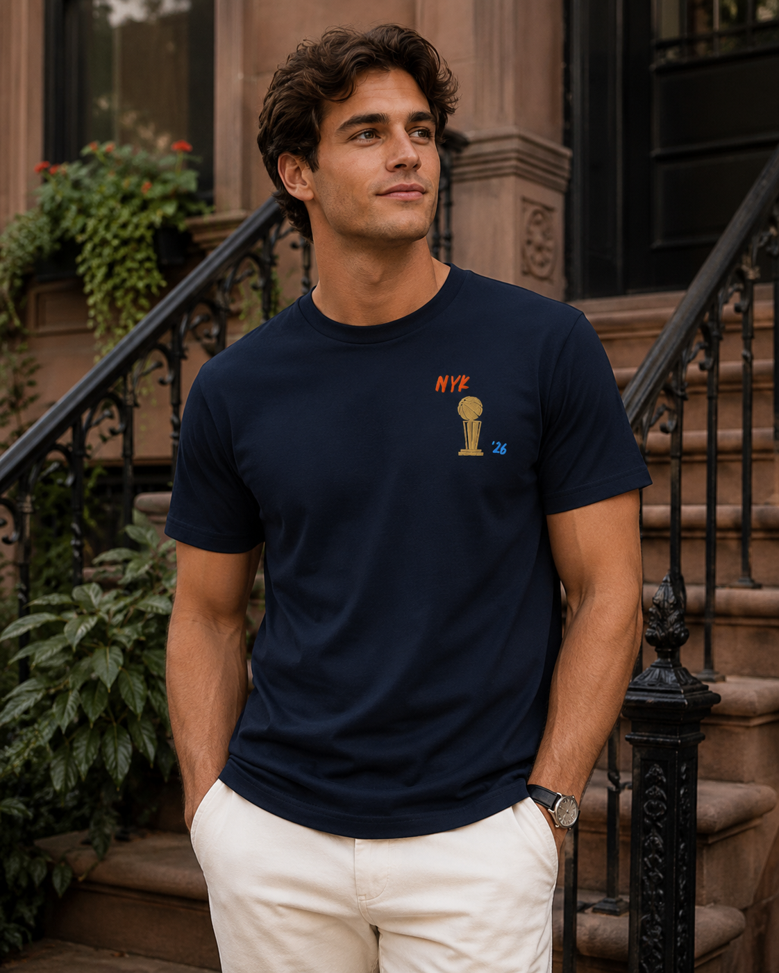 NYK Embroidered Unisex T Shirt Navy Model.png