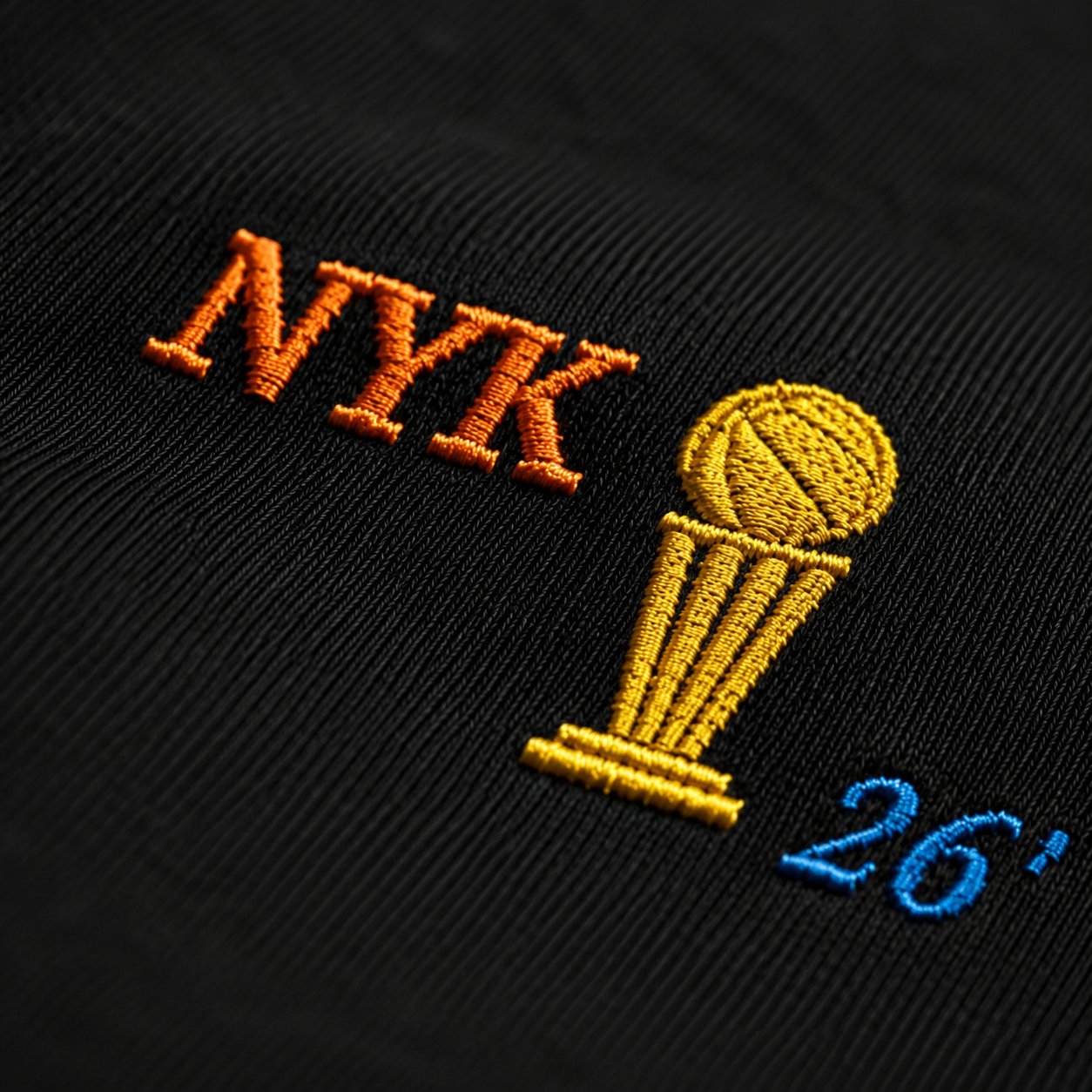 Knicks Embroidered NYK FINALS Trophy ' 26 Men's Premium Short Sleeve Tee Embroidery on Black.png
