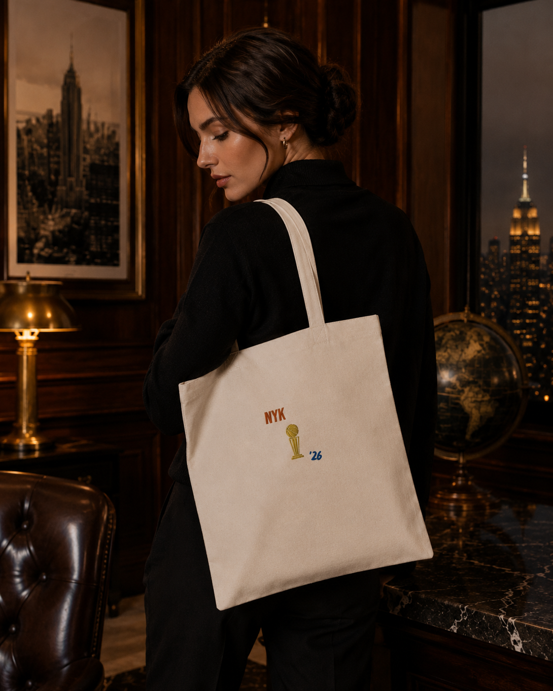 Knicks Embroidered Organic Tote Bag Woman Model.png