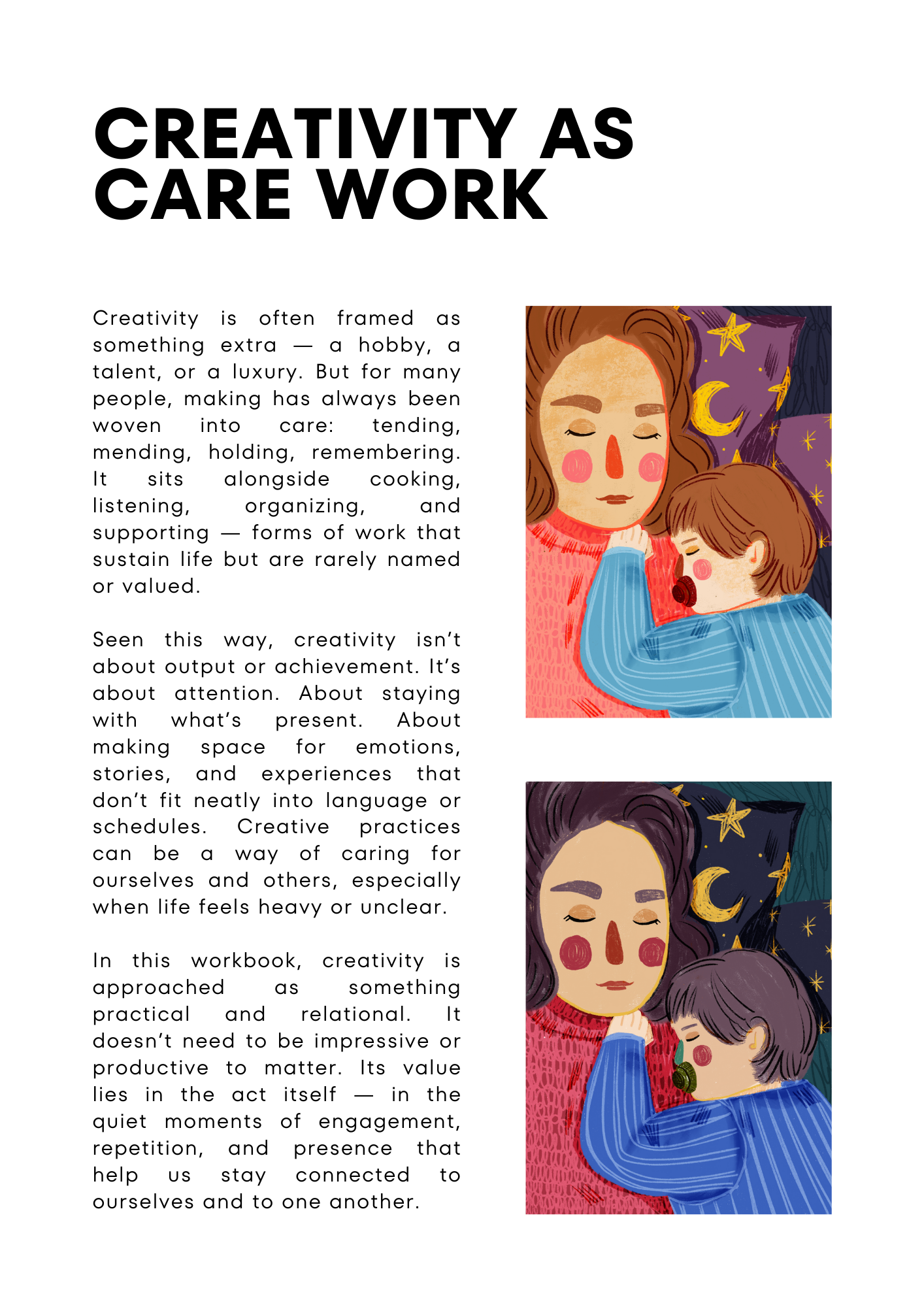 An illustration of a woman with red hair and a child with brown hair, both with closed eyes, sitting in front of a night sky background with stars and a moon. The woman appears to be comforting the child, who is resting against her.