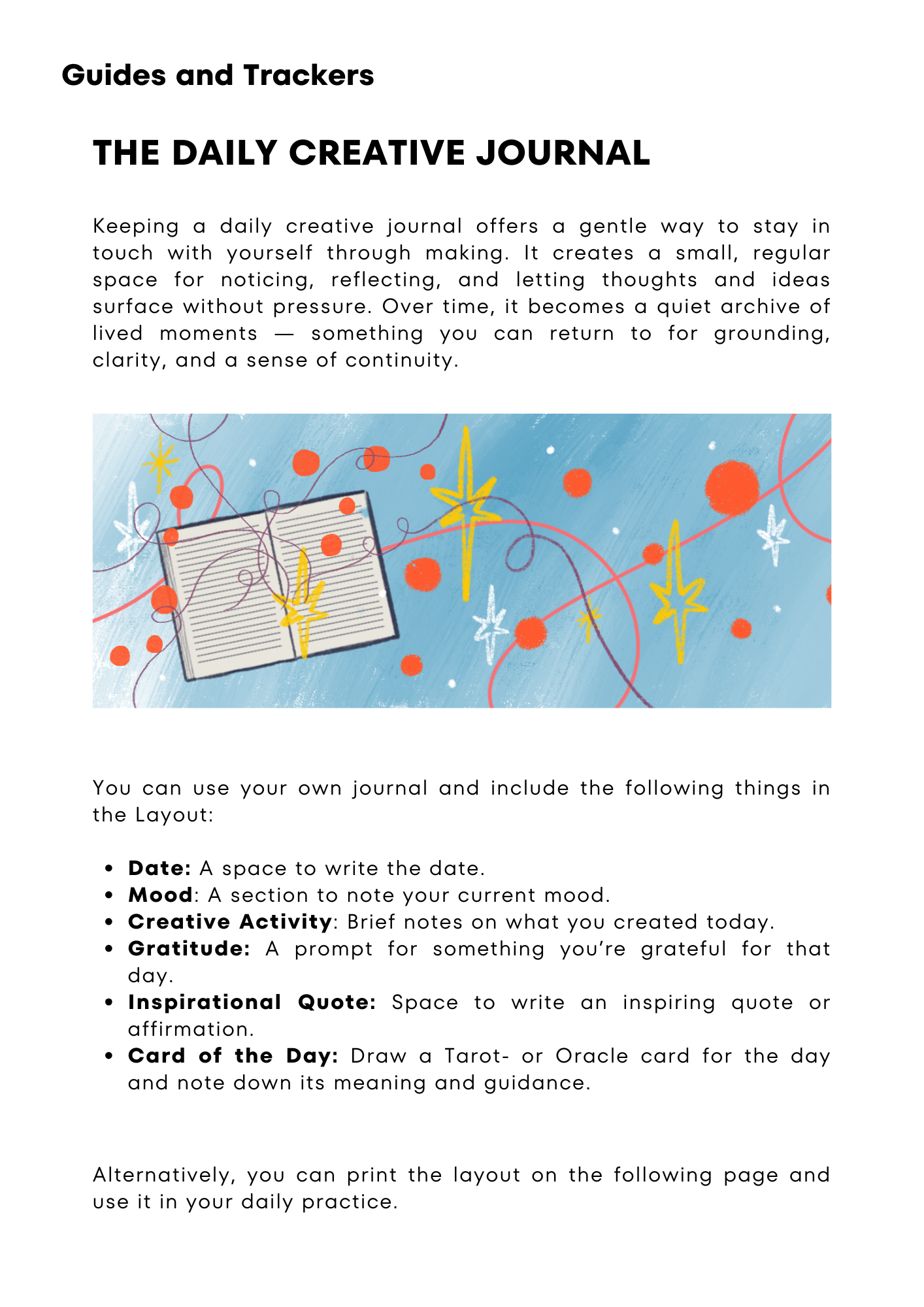 Guide for creating a daily creative journal with a colorful illustration of an open notebook, stars, and abstract shapes.