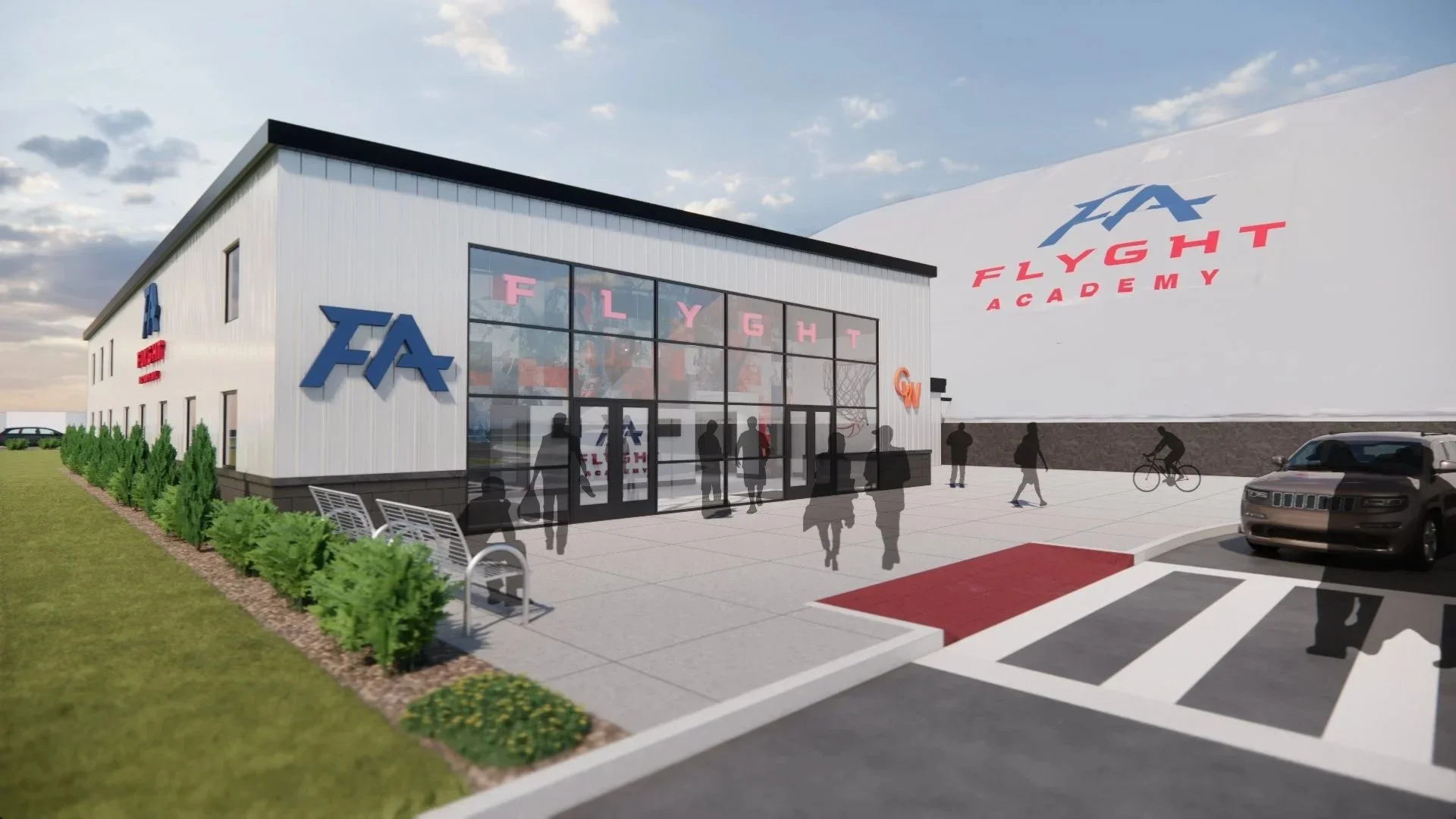Rendering of a modern flying academy building with large glass windows, white exterior walls, and prominent blue and red signage reading 'FLYIGHT ACADEMY.' People are walking in front, some entering, some standing, and a person is riding a bicycle nearby. There is a parking area with a black vehicle, well-maintained landscaping, benches, and a red carpet leading to the entrance.