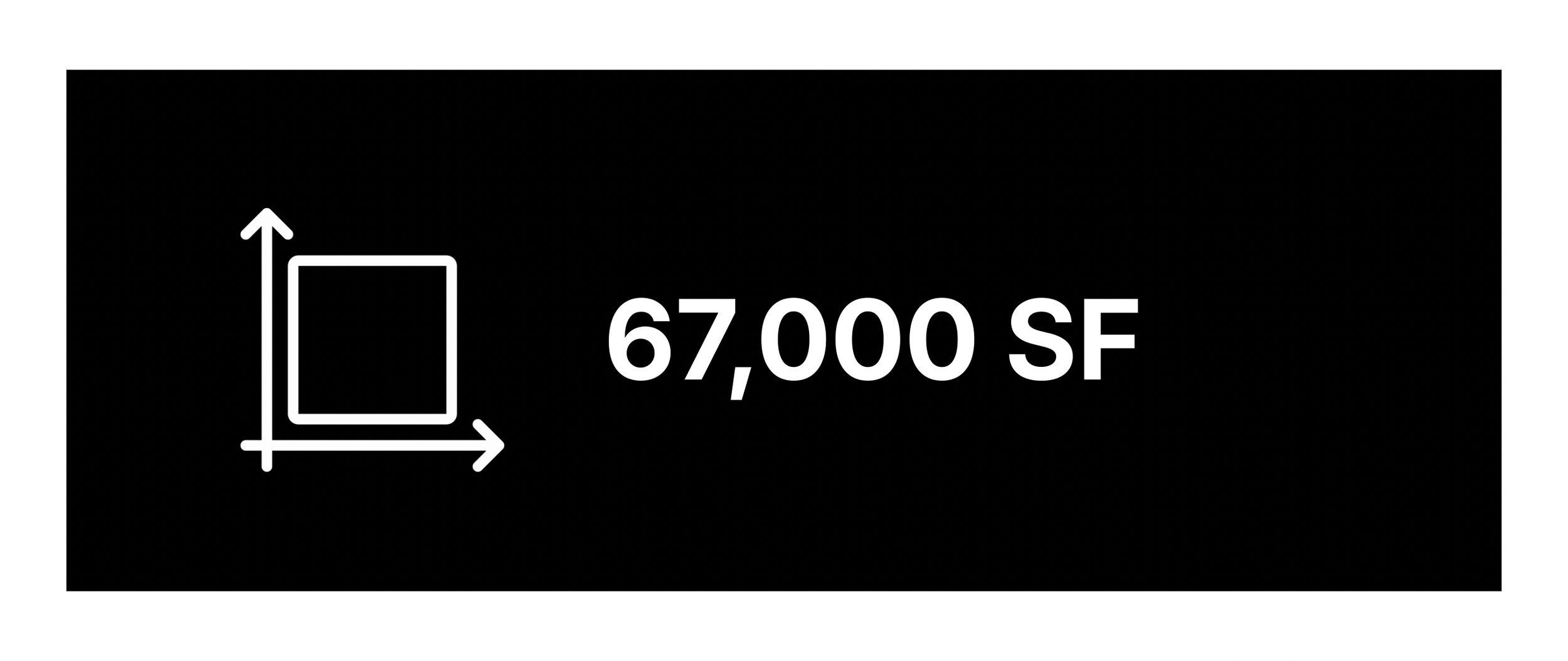 Black background with white text indicating a property size of 67,000 square feet, accompanied by a simple line drawing of a square with measurement arrows.