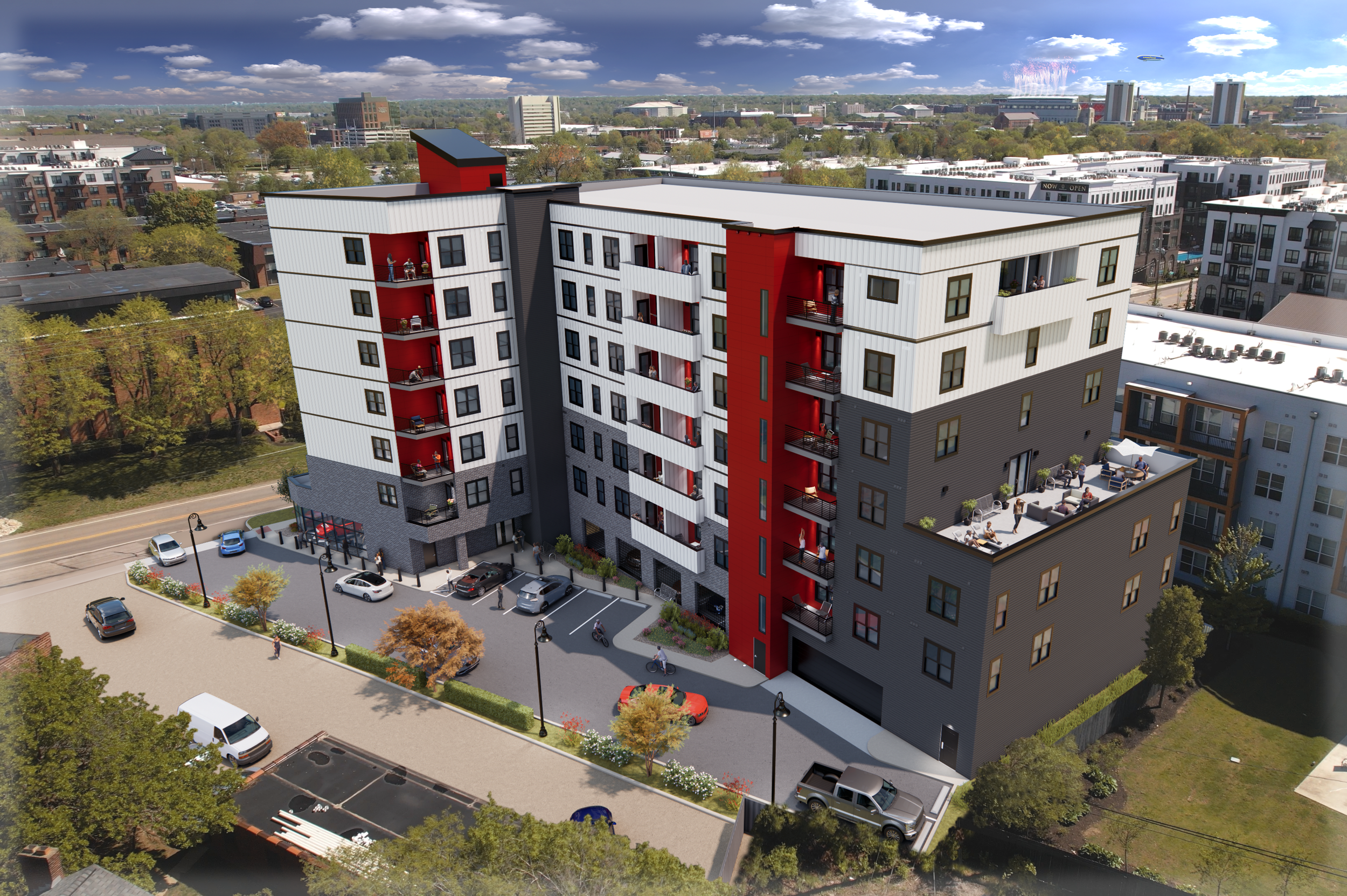 Rendering of Lofts 82 showing the seven-story apartment building, on-site parking, and rooftop amenity area in Columbus, Ohio.