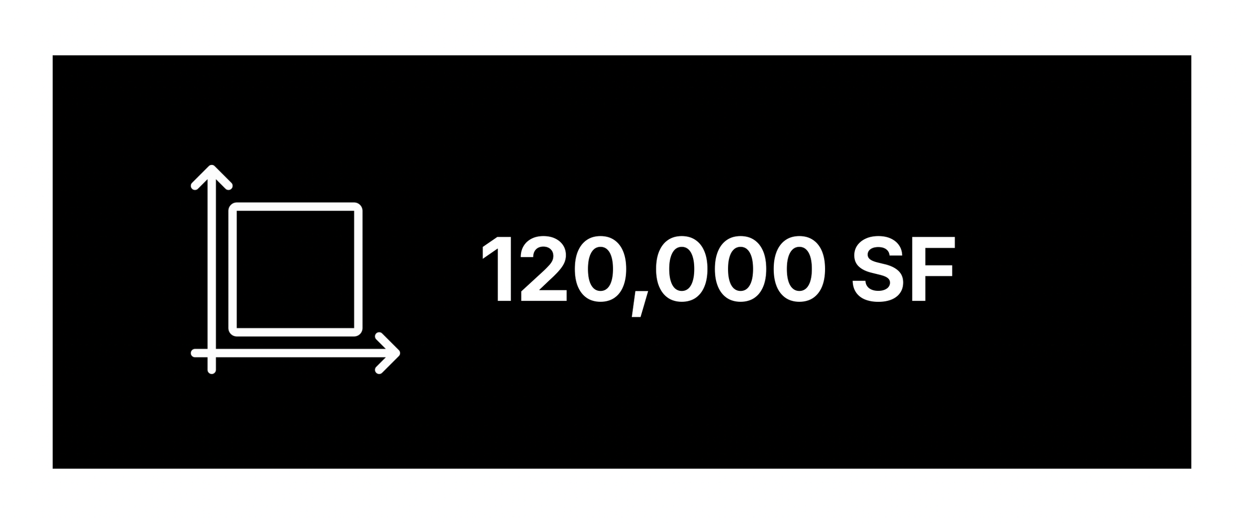 Black banner with white text indicating a space of 120,000 square feet, including a simple graphic of a square with axes.