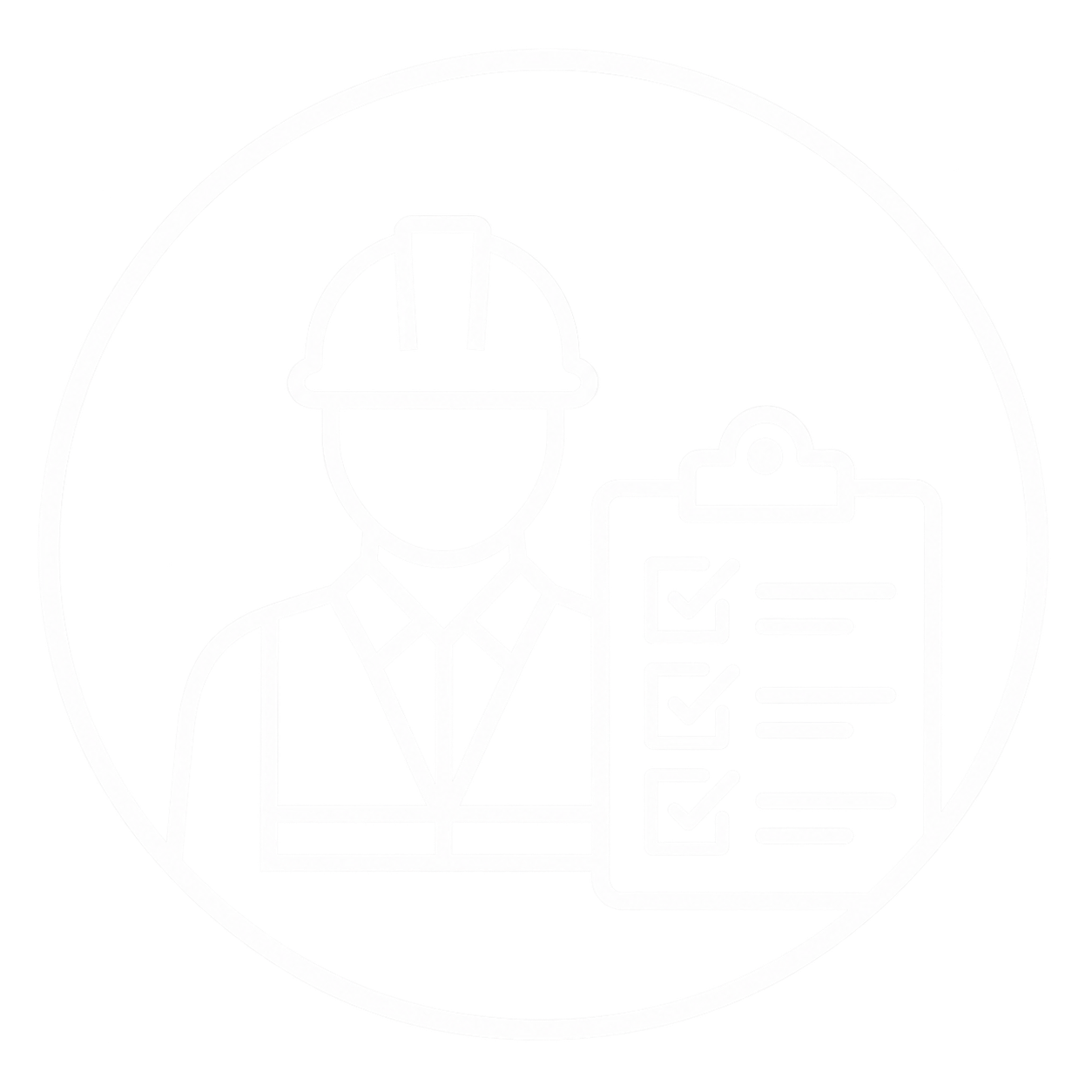 Black and white outline of a circular badge featuring a person in a suit and tie holding a clipboard with checklists.