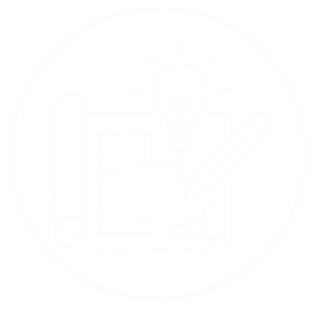 A circular icon with a lightbulb, a paperclip, a pencil, and a chart, symbolizing ideas, writing, and business.