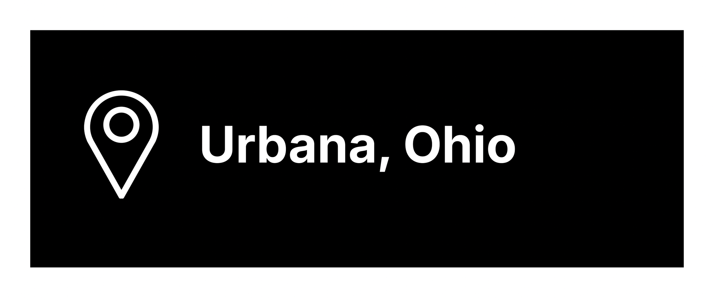 Black banner with a white location pin icon and the text 'Urbana, Ohio' in white