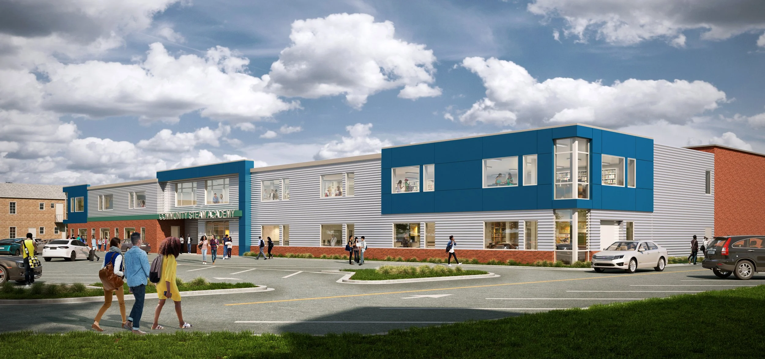 Rendering of a modern community school building with a parking lot, students walking outside, and people visible through the windows under a partly cloudy sky.