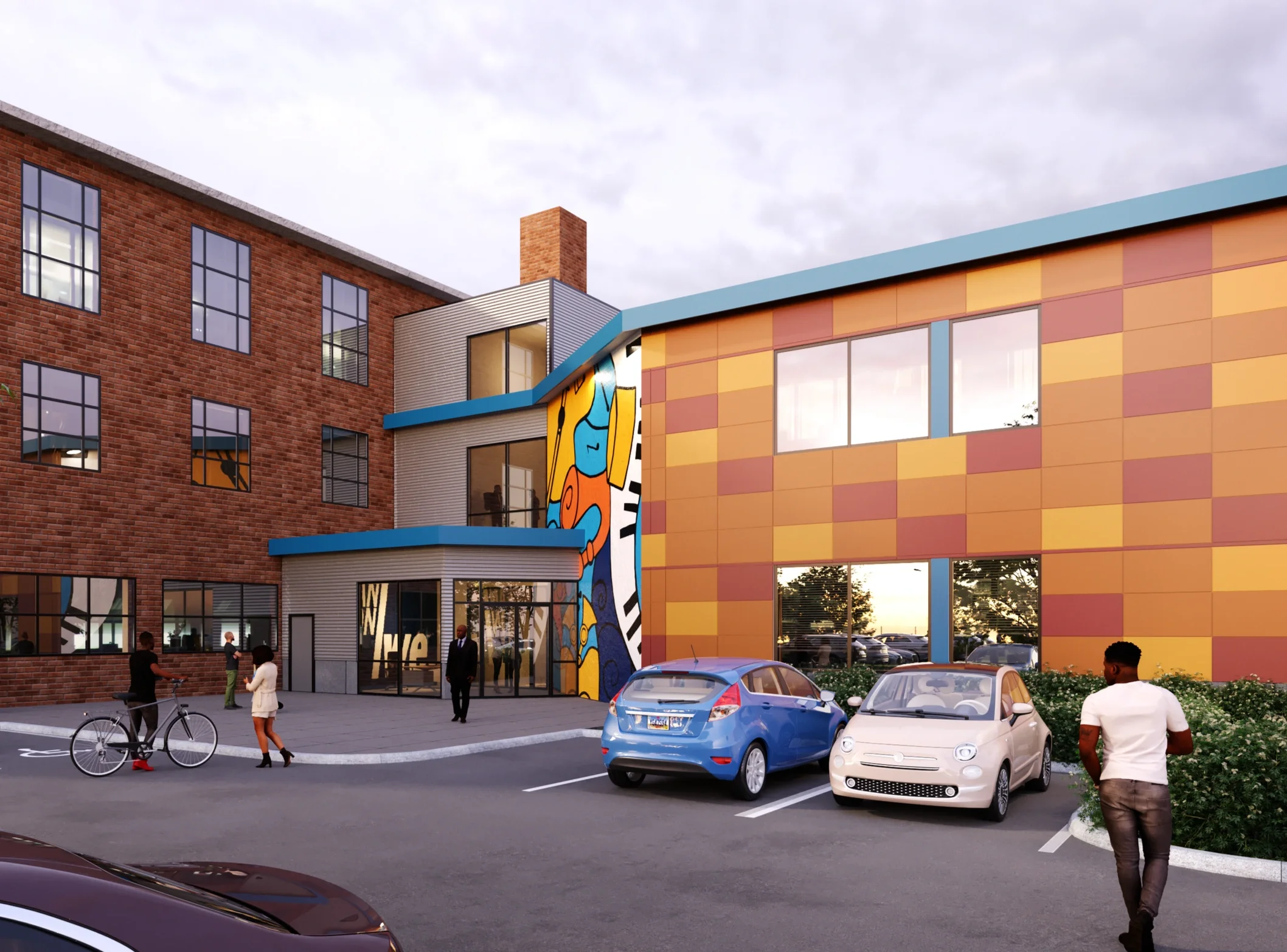 Exterior rendering of Anchor Detroit, an adaptive reuse community hub in Detroit, Michigan, showing the mural and main entrance.